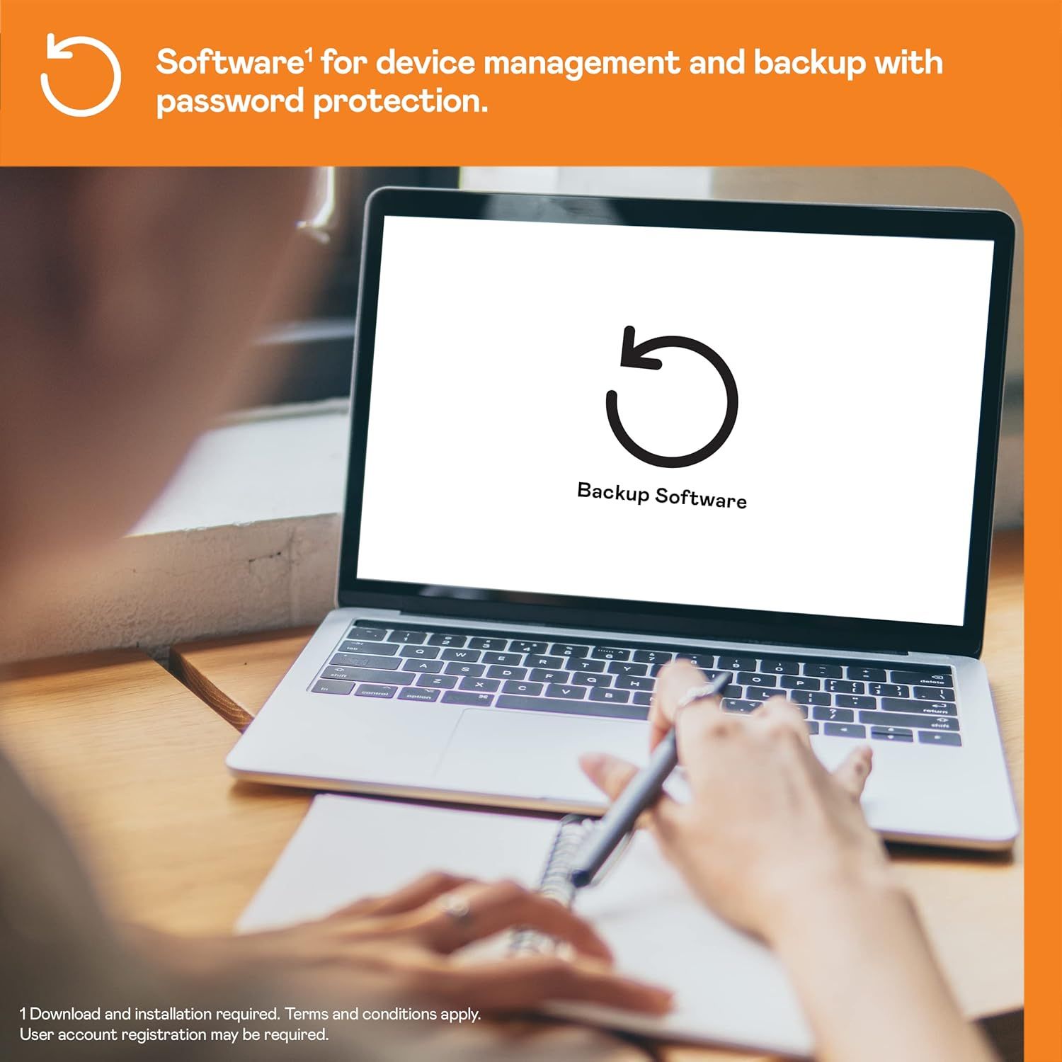 Communicates that the product includes software for device management, backup functionality, and password protection to reassure shoppers about data security and device control.