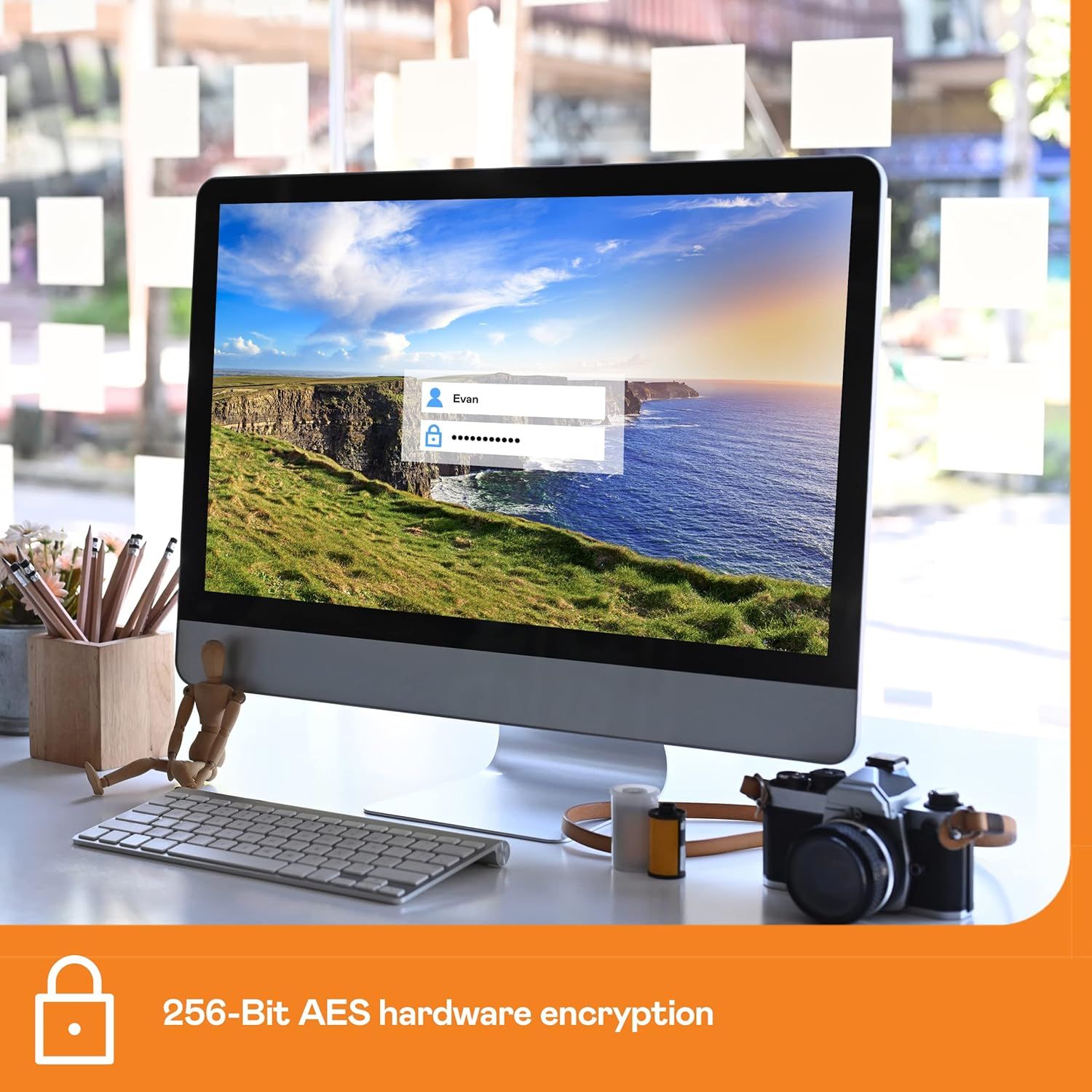 Communicates that the product features advanced security through 256-bit AES hardware encryption, reassuring shoppers that their data is protected. Highlights the single key security benefit of…