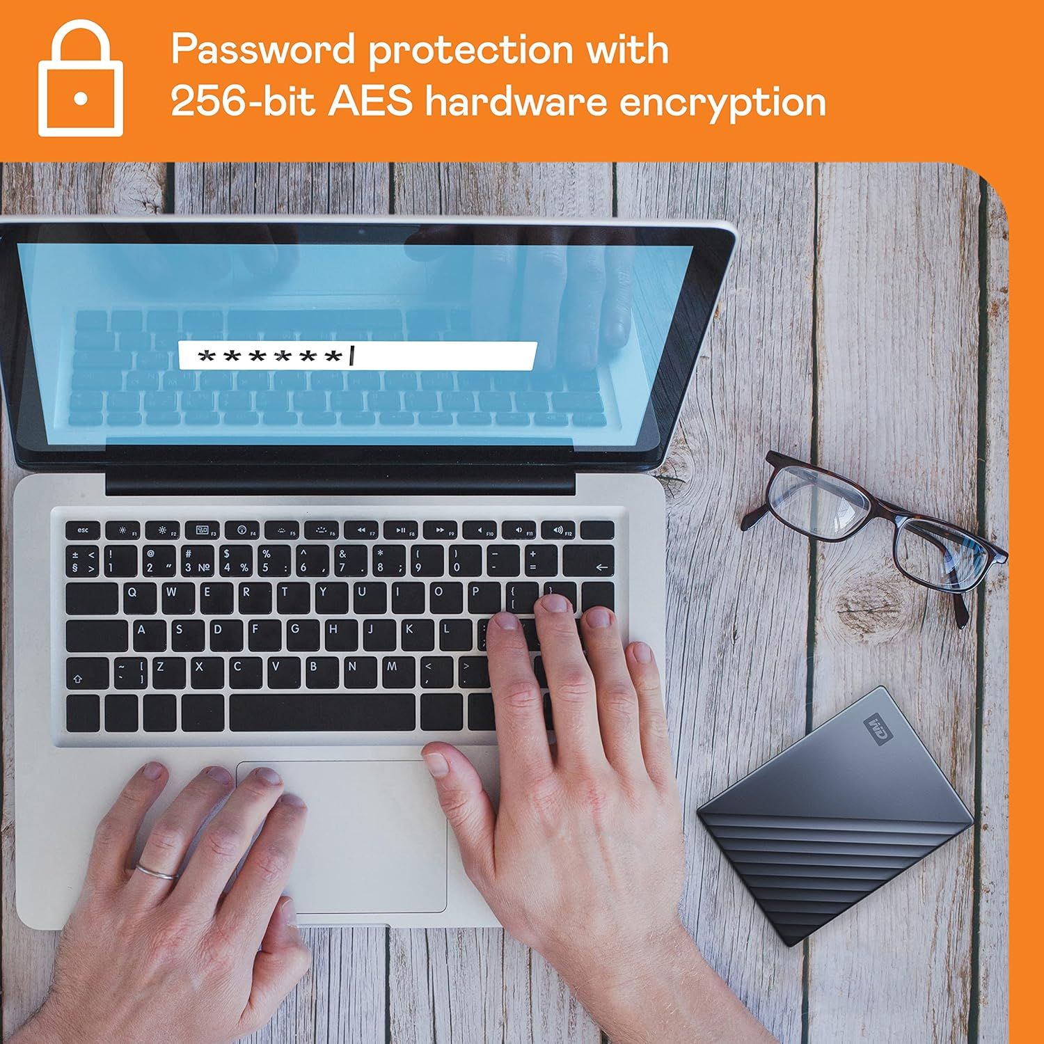 Communicates the security feature of the product (likely an external hard drive) by showing password protection with 256-bit AES hardware encryption, reassuring shoppers that their data will be safe…