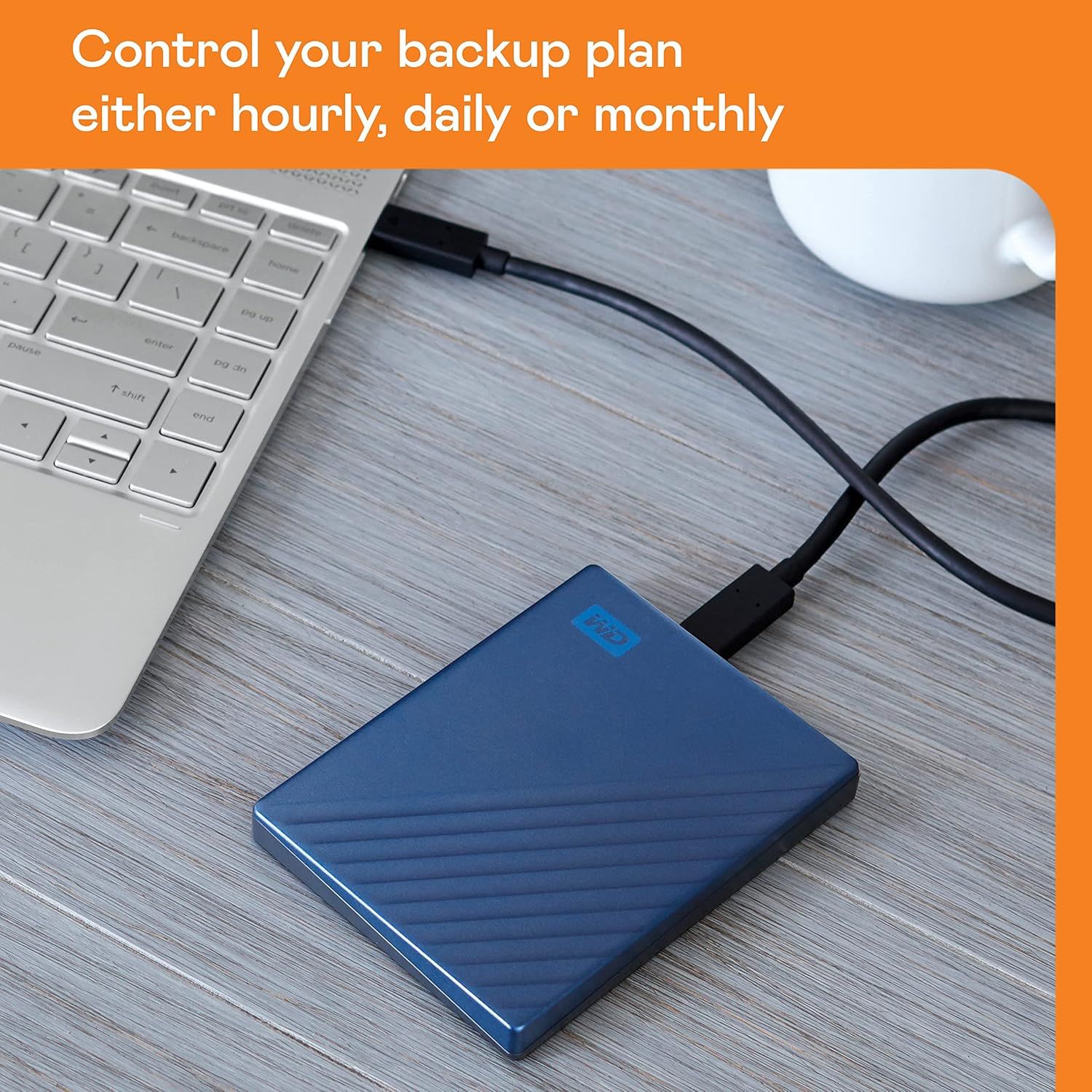 Communicates that users can customize their backup schedule with hourly, daily, or monthly options, providing control and convenience for data protection.