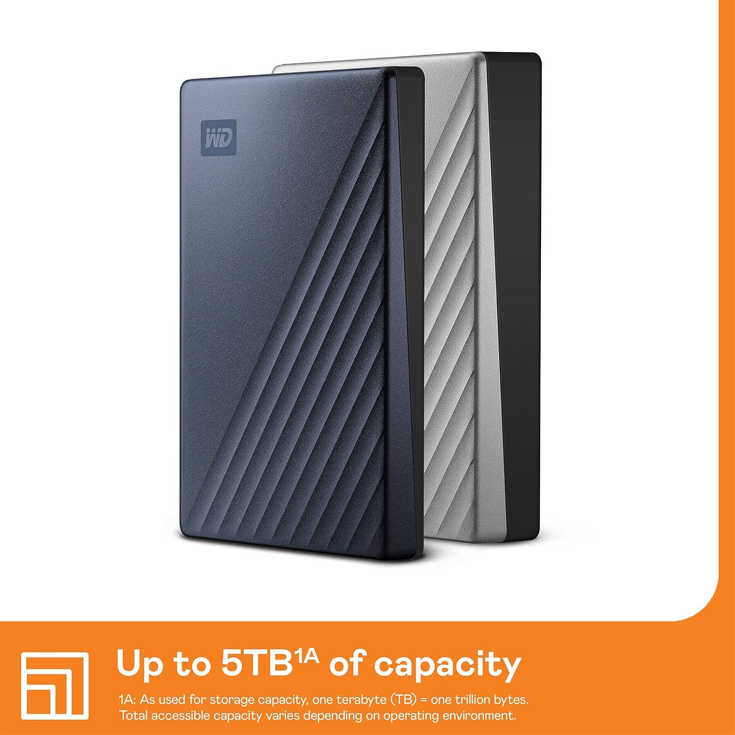 Communicates the maximum storage capacity available (up to 5TB) to help shoppers understand how much data the external hard drive can hold.