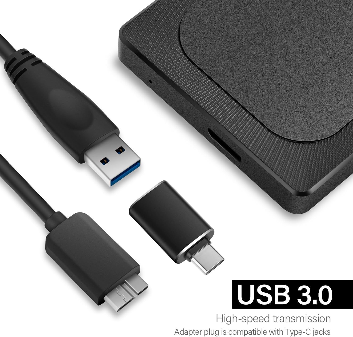 Demonstrates the product's compatibility with multiple USB connection types (USB 3.0, Micro-USB, Type-C) to reassure shoppers that it works with their devices. Highlights the USB 3.0 high-speed…