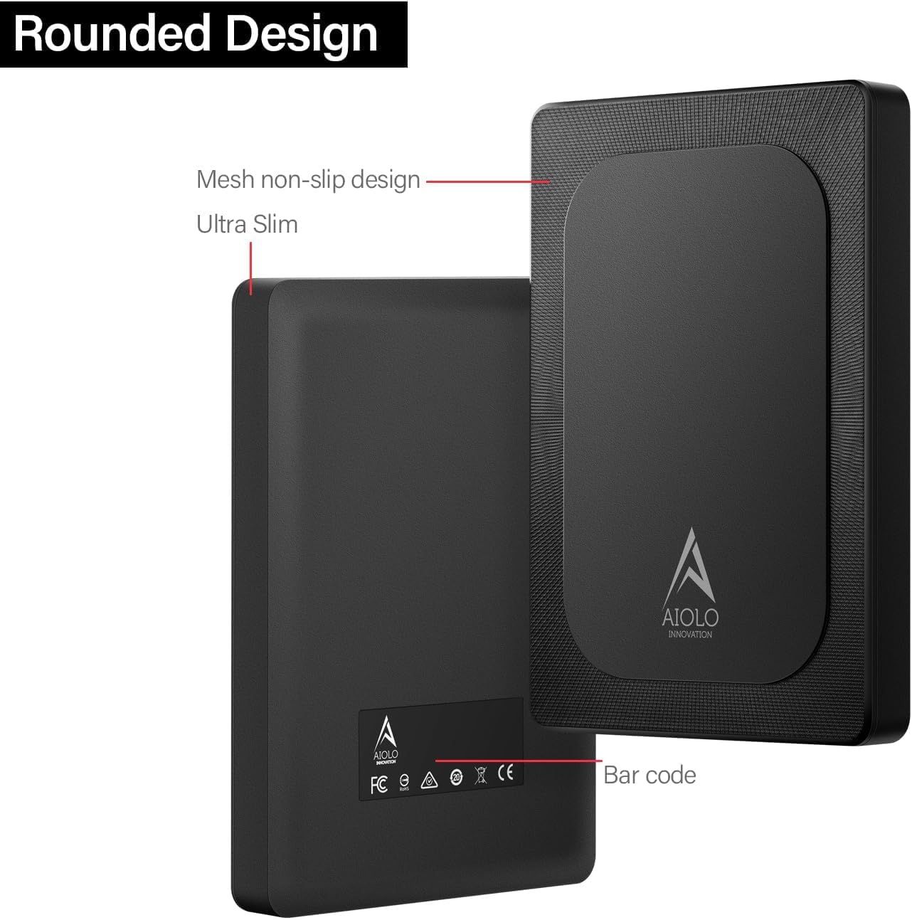 This image breaks down the physical design features of the external hard drive, highlighting its rounded design, mesh non-slip surface, and ultra-slim profile to help shoppers understand the…