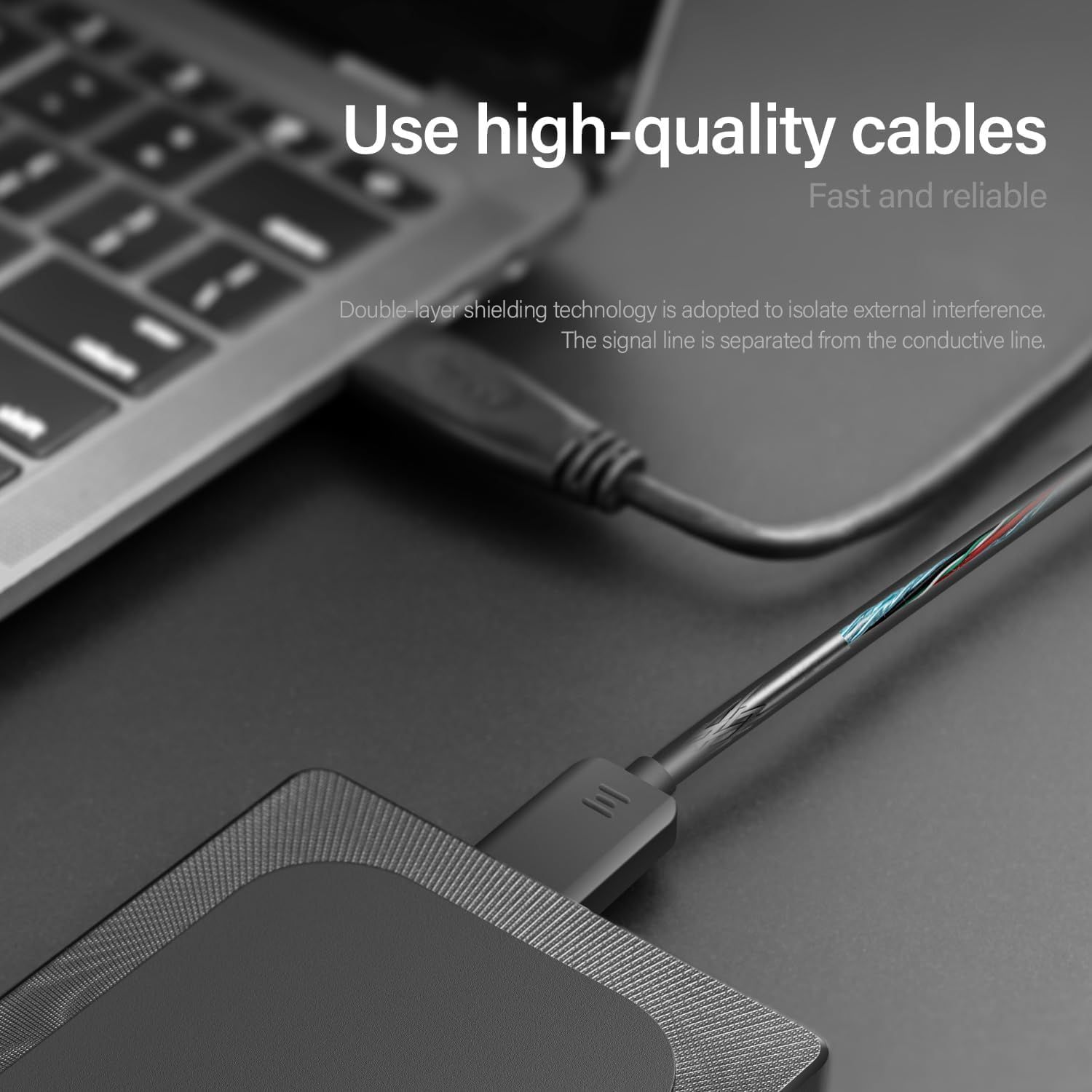 Highlights the internal construction and technical features of the cable, specifically the double-layer shielding technology that isolates external interference and separates signal from conductive…
