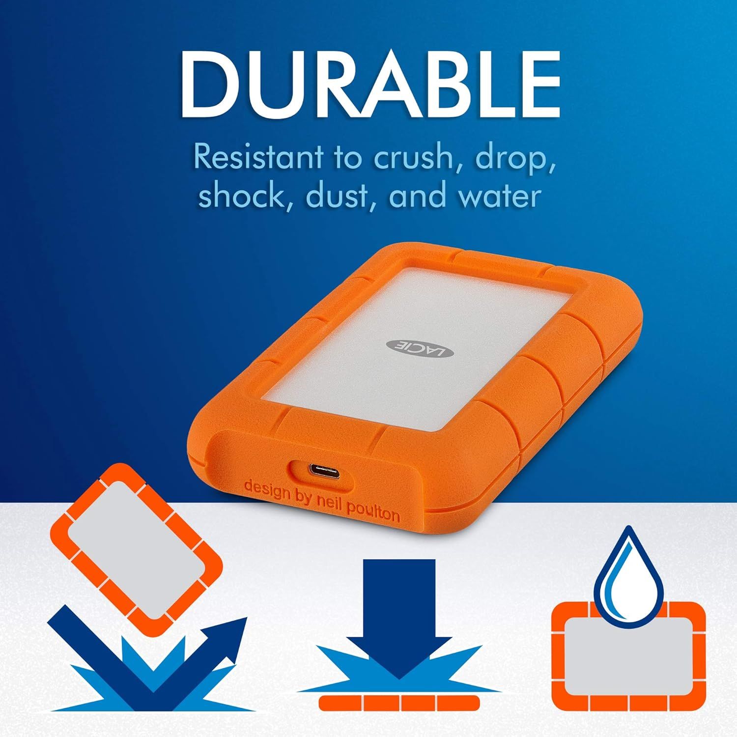 Communicates the rugged hard drive's comprehensive durability across multiple protection dimensions to reassure shoppers it can withstand harsh conditions and accidents.