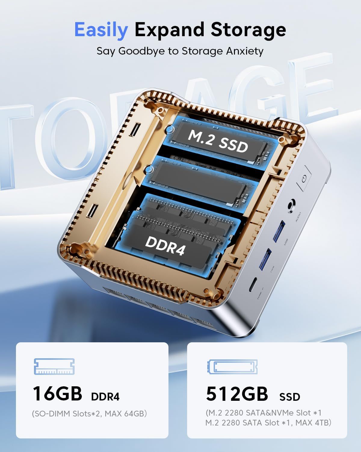 Shows the internal structure and storage expansion capabilities of the device, highlighting the M.2 SSD and DDR4 memory slots to communicate upgradability and storage flexibility. Communicates the…