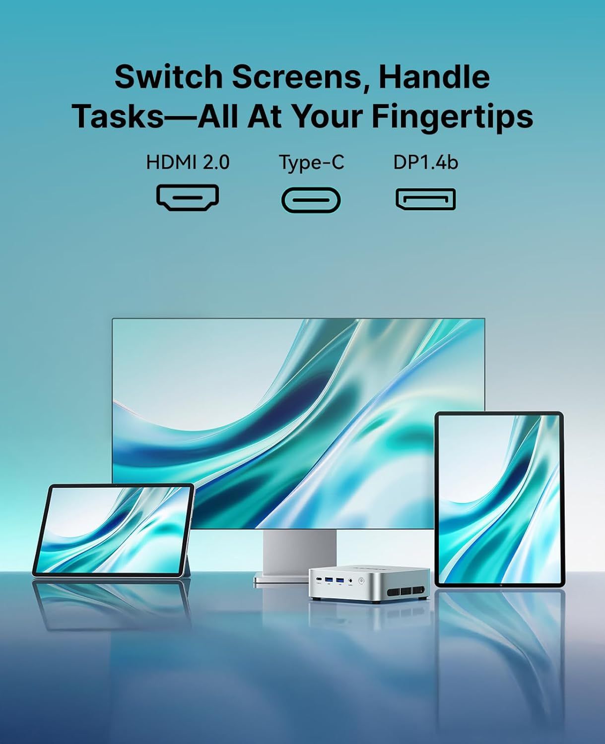Demonstrates the product's versatility in connecting multiple devices (tablet, monitor, laptop) simultaneously through various port types, reassuring shoppers of broad compatibility and multitasking…