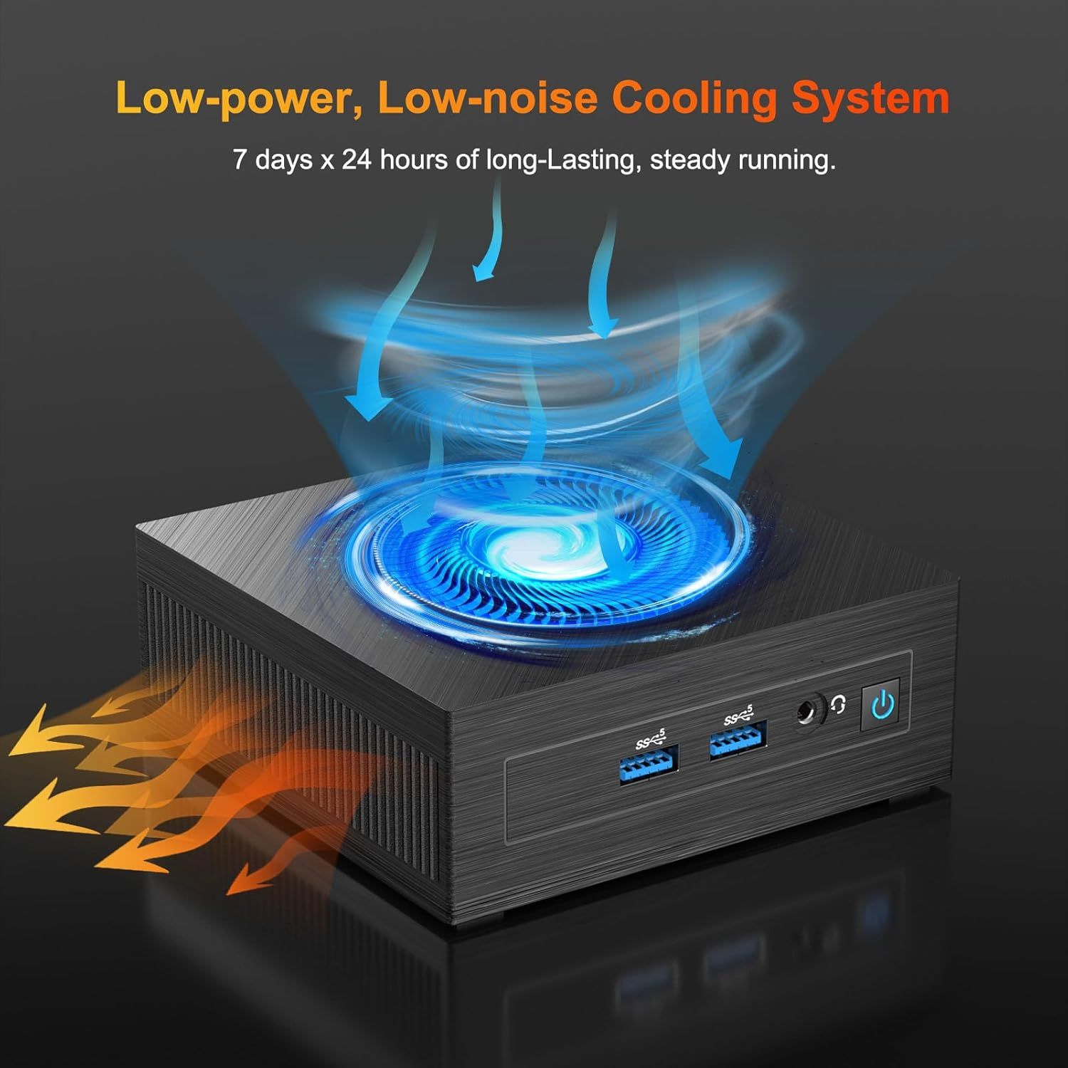 Demonstrates how the product's cooling system works by showing airflow patterns with blue arrows indicating cool air circulation and orange arrows showing heat dissipation, reassuring shoppers of…