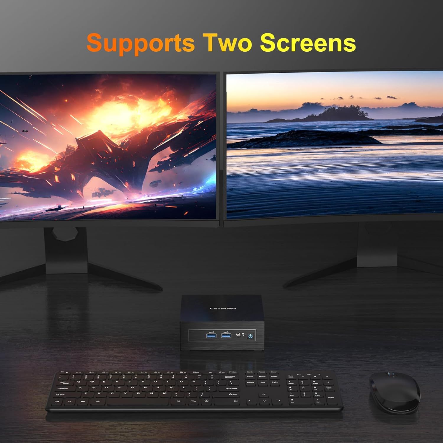 Demonstrates that the product supports two screens simultaneously, appealing to users who need multi-monitor setups for productivity or entertainment.