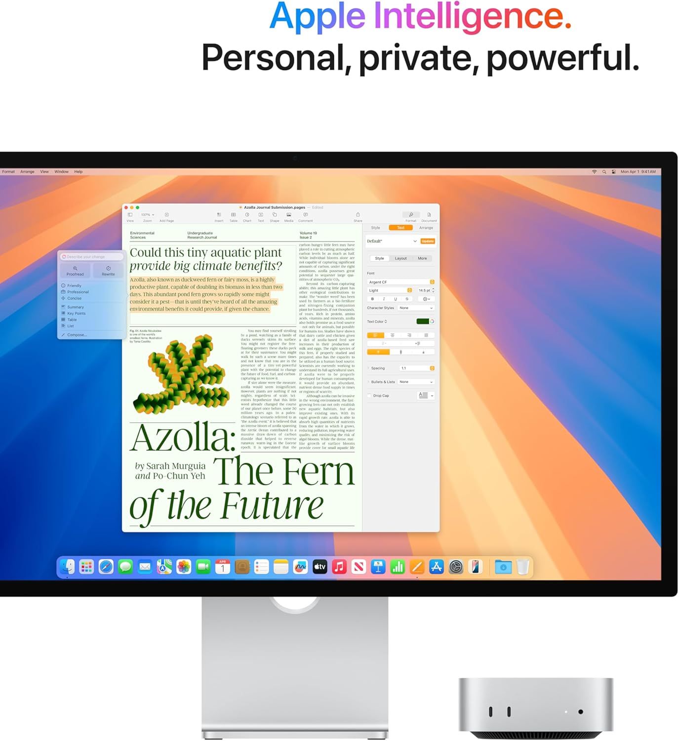 Communicates Apple's brand positioning around its AI technology (Apple Intelligence) with the tagline 'Personal, private, powerful' to establish brand values and differentiate its approach to…