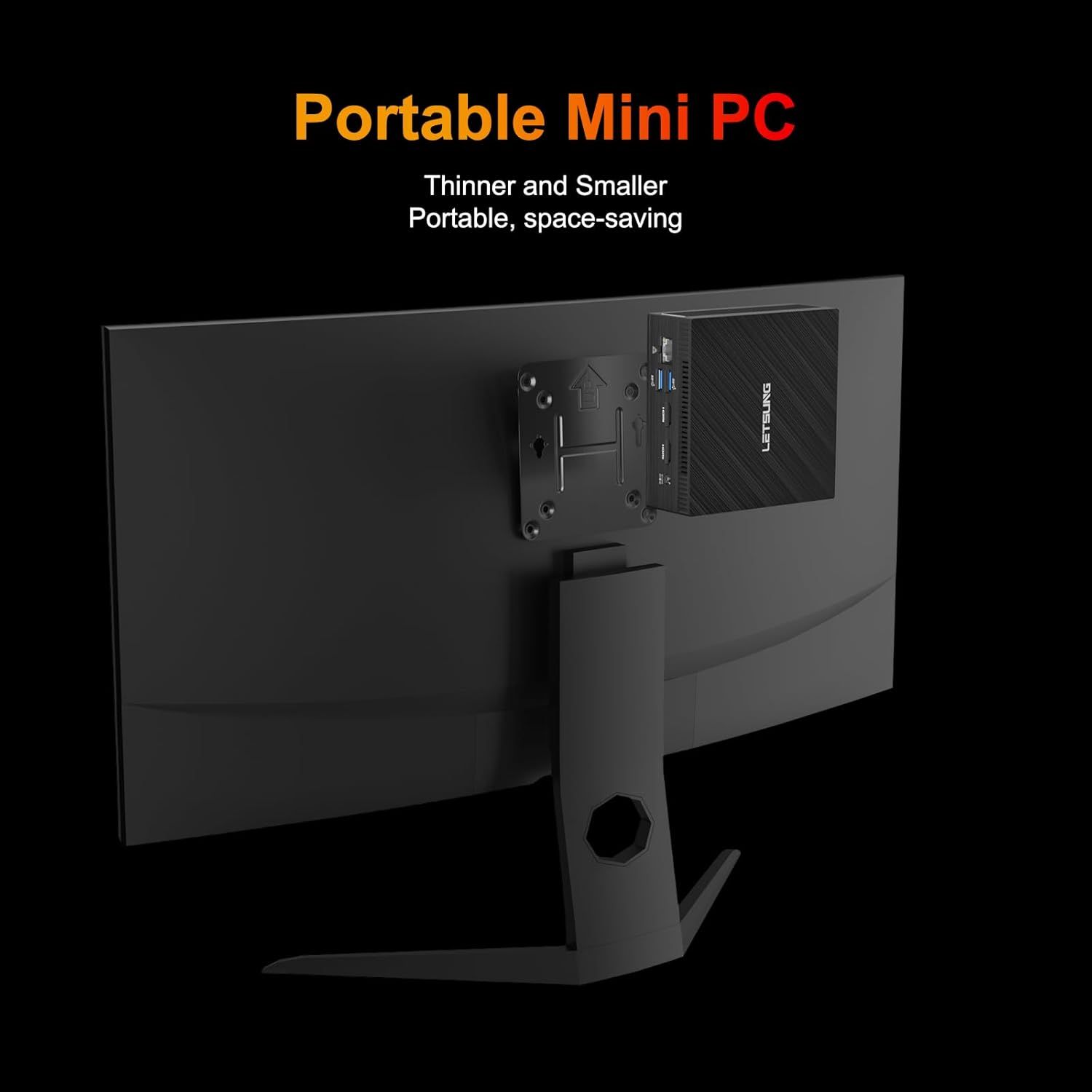 Communicates that the mini PC is portable and space-saving, showing it mounted behind a monitor to demonstrate its compact form factor and convenience.