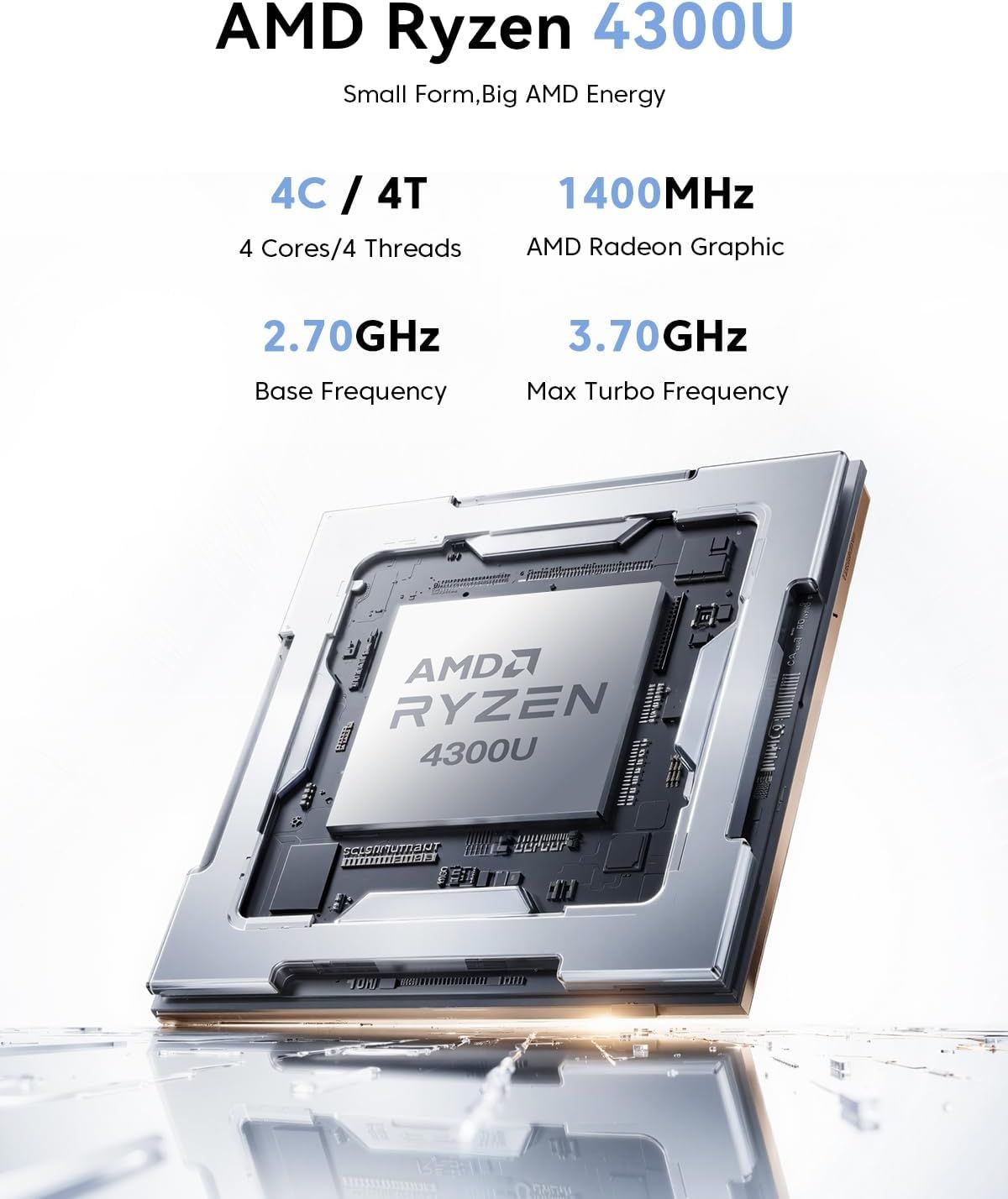 Communicates the technical specifications and performance capabilities of the AMD Ryzen 4300U processor to inform shoppers about its computing power and efficiency.