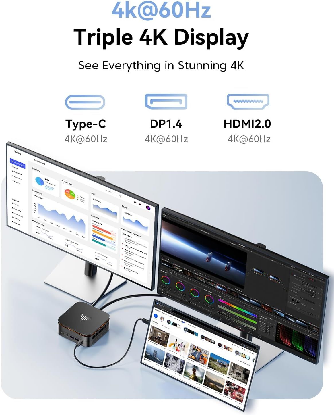 Highlights the product's impressive technical capability to support three 4K displays simultaneously at 60Hz refresh rate across multiple connection types, reassuring shoppers of its…