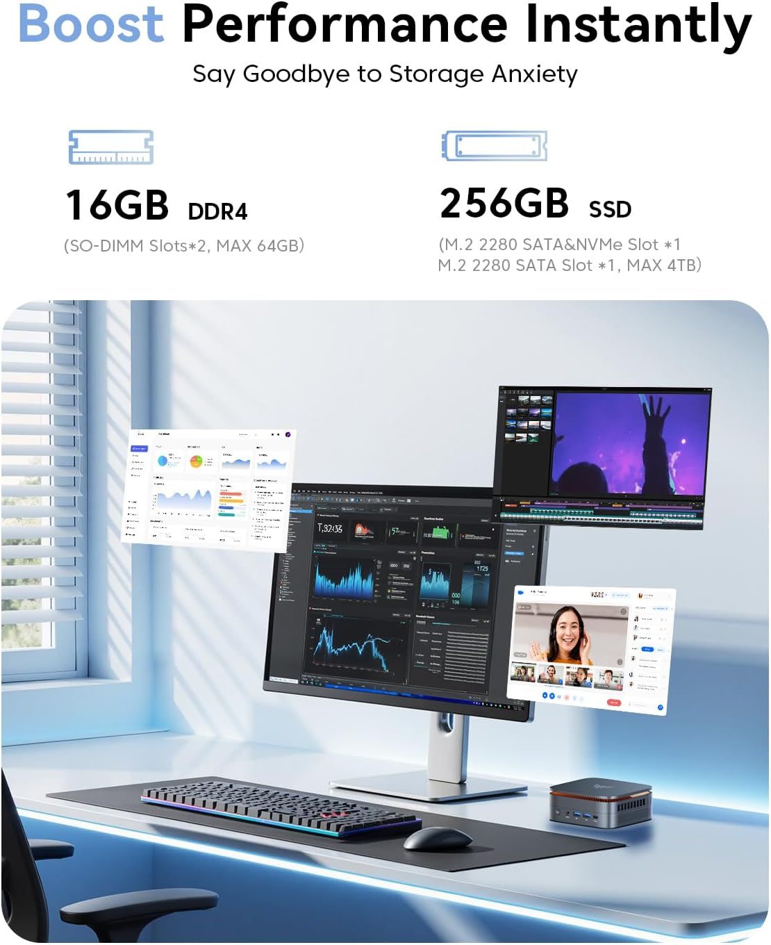 Communicates the product's high-performance specifications (RAM and storage capacity) to reassure shoppers that it can handle demanding multitasking, professional workflows, and eliminate storage…