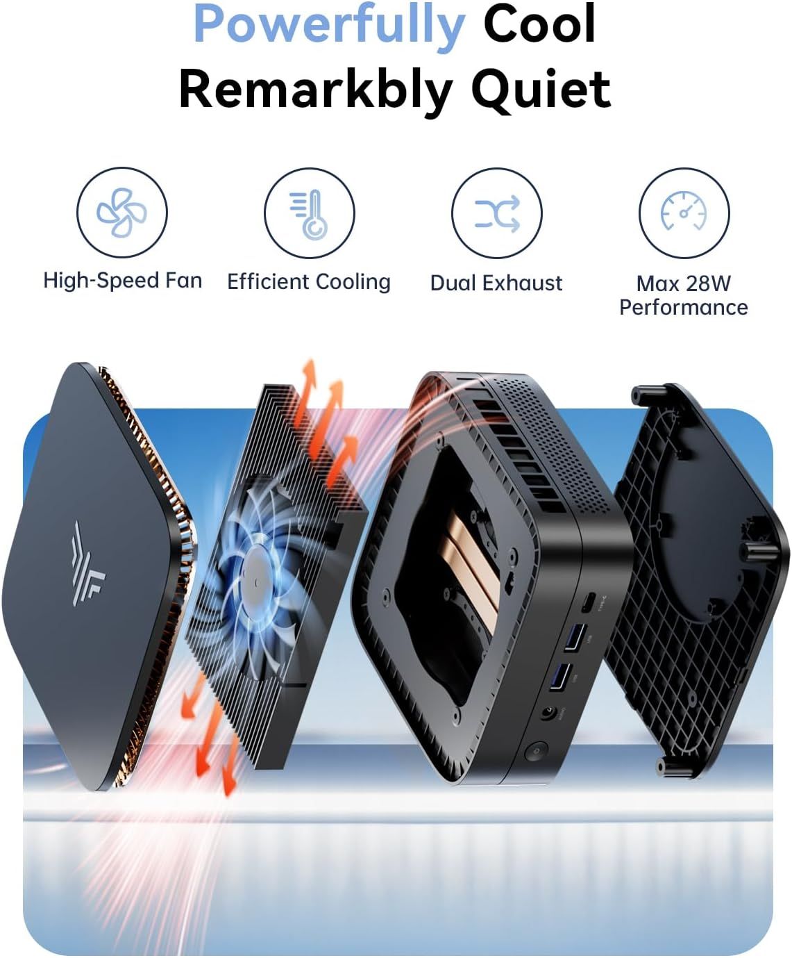Communicates the product's advanced cooling system by highlighting four distinct technical benefits in a segmented layout, reassuring shoppers that the device stays cool and performs efficiently.