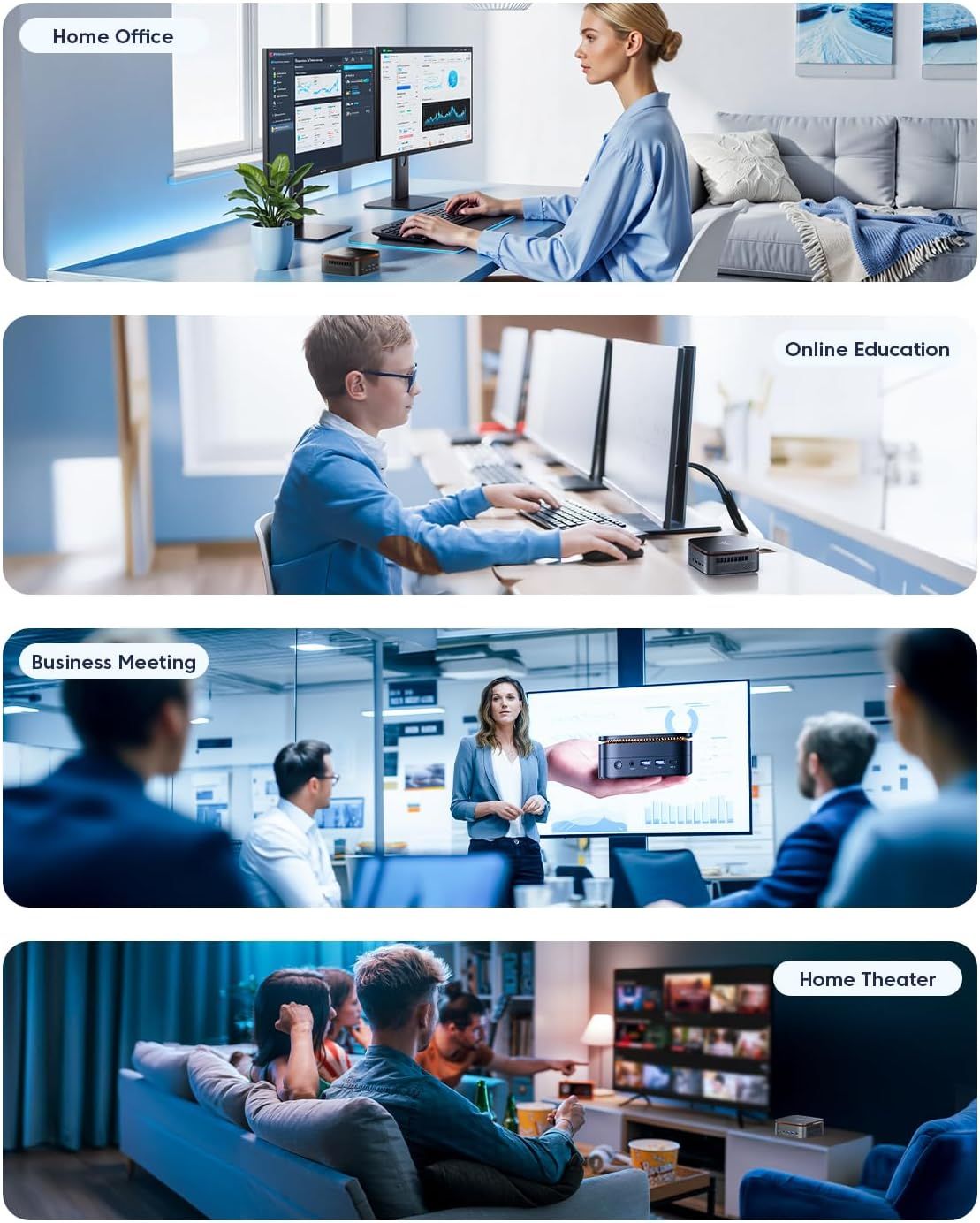 Demonstrates the product's versatility by showing it can be used across multiple environments and scenarios—from professional work settings to education and entertainment.