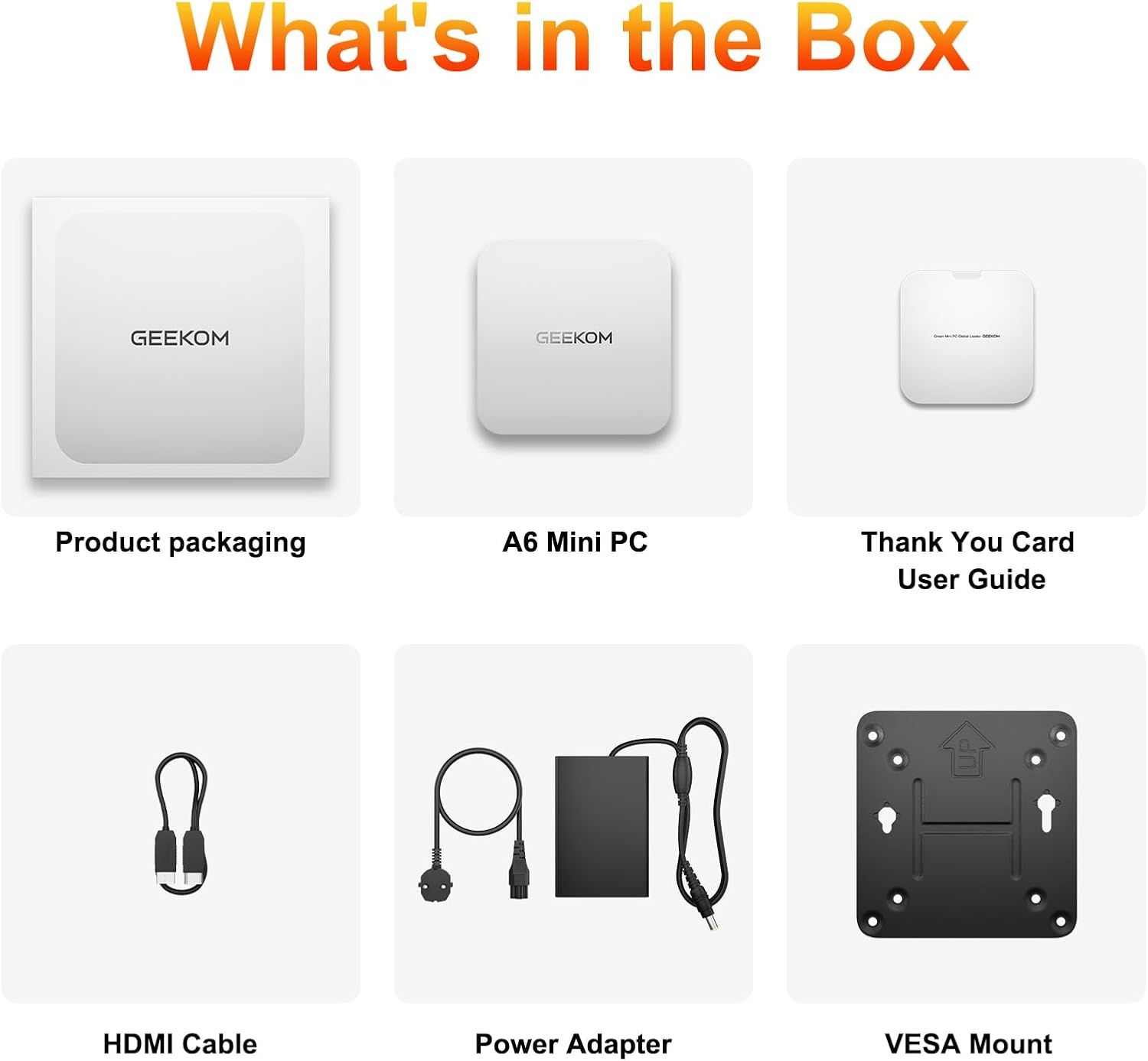 Shows the customer everything included in the box with the A6 Mini PC purchase, including the device, packaging, documentation, cables, power adapter, and mounting hardware to set clear expectations…