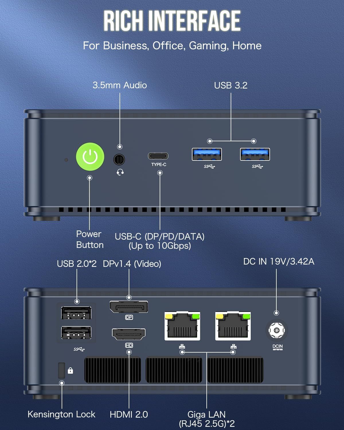 This image breaks down all the physical ports and connection points on the device, helping shoppers understand the full connectivity options available for business, office, gaming, and home use.