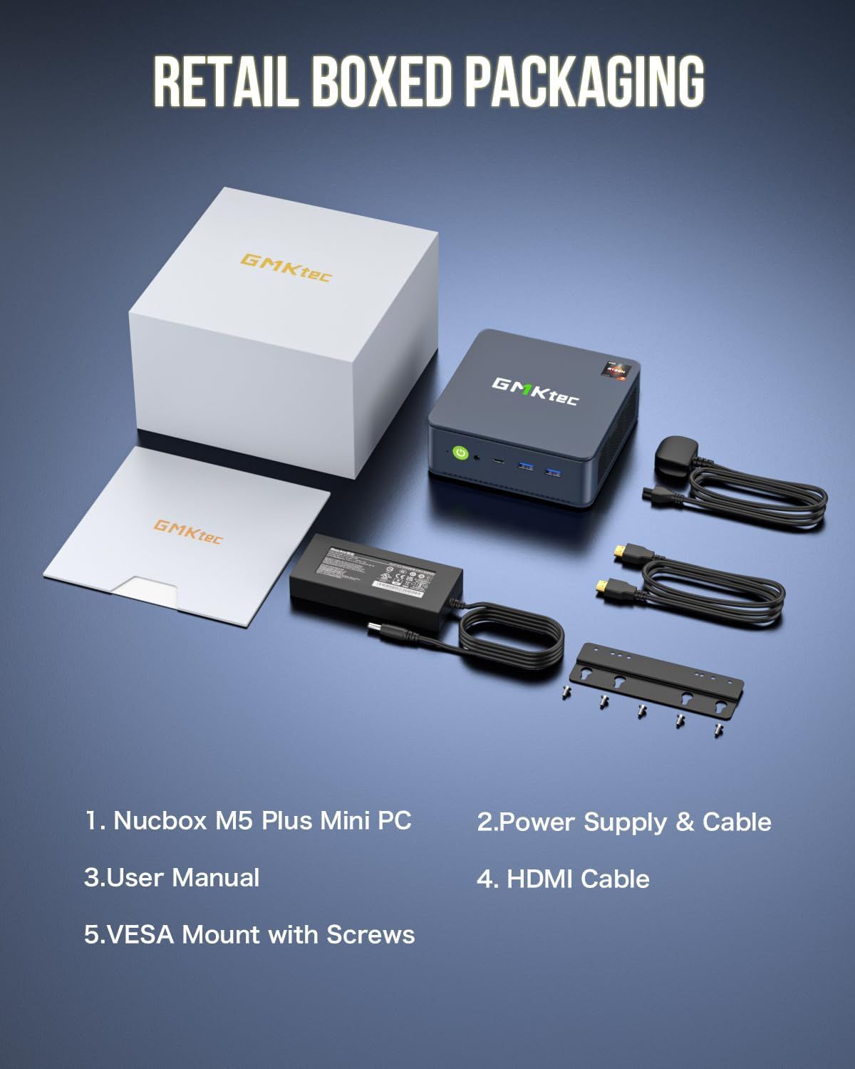 Shows the customer everything included in the box when they purchase the mini PC, providing transparency and reassurance about the complete package they will receive.