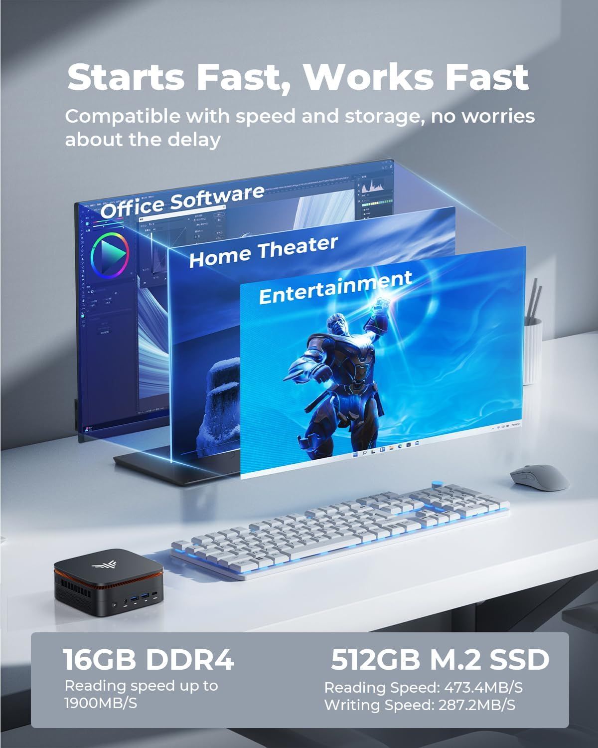 Demonstrates the product's versatility across multiple use cases including office work, home theater, and entertainment/gaming to show shoppers the wide range of applications. Highlights the…