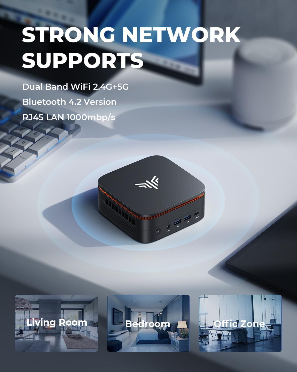 Communicates the product's comprehensive network connectivity capabilities, highlighting multiple technical specifications to reassure shoppers about strong, versatile connectivity options for…