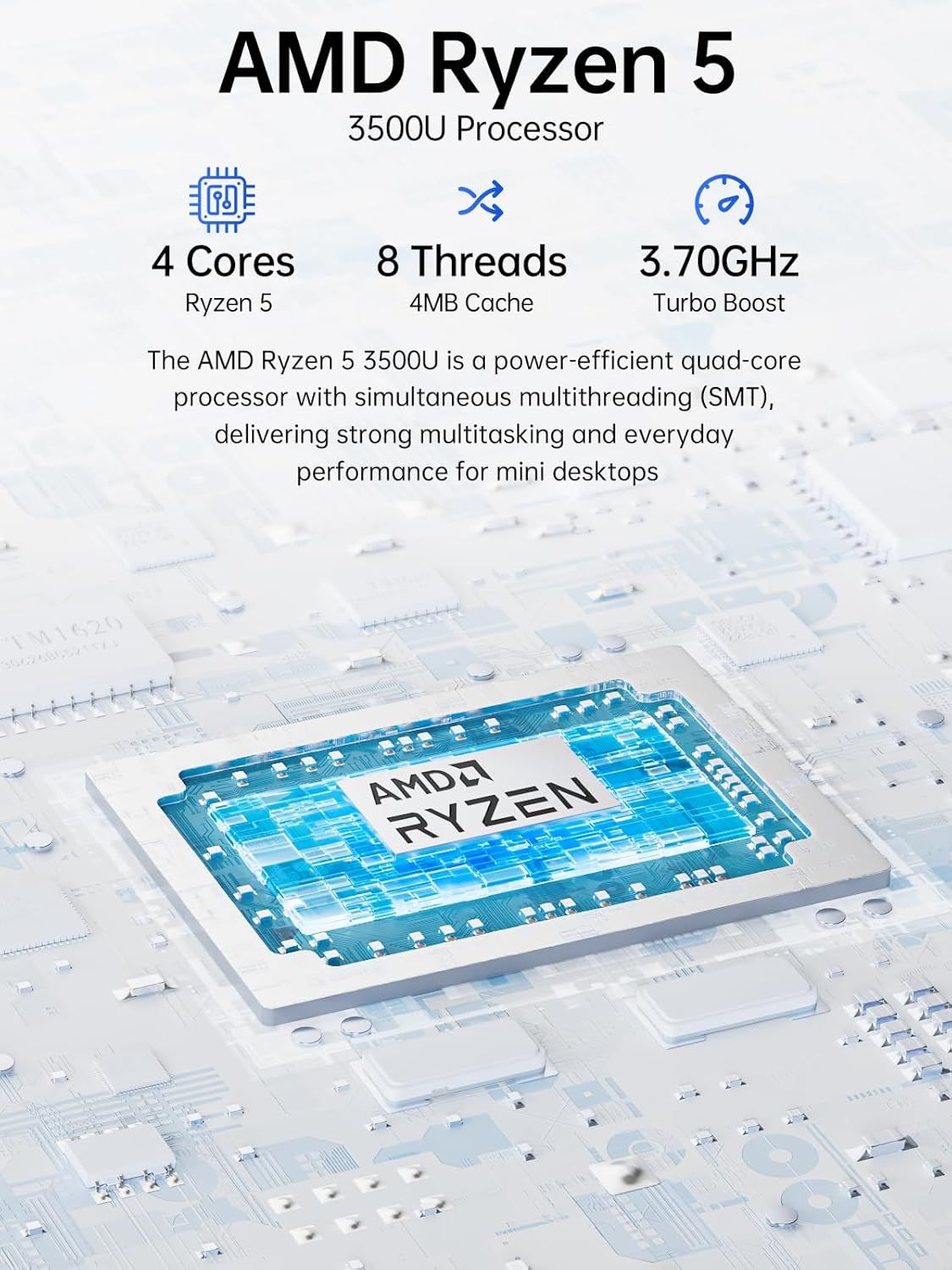 Communicates the key technical specifications and performance benefits of the AMD Ryzen 5 3500U processor, emphasizing its multitasking capability, efficiency, and speed to help shoppers understand…
