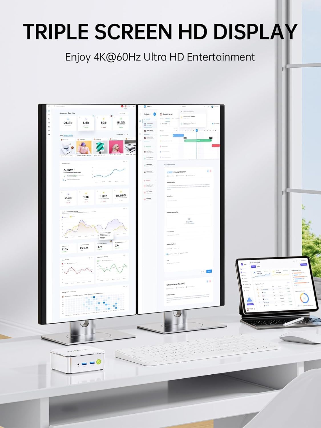 Highlights the product's triple screen HD display capability and 4K@60Hz Ultra HD entertainment feature to communicate enhanced productivity and premium viewing experience for professional and…