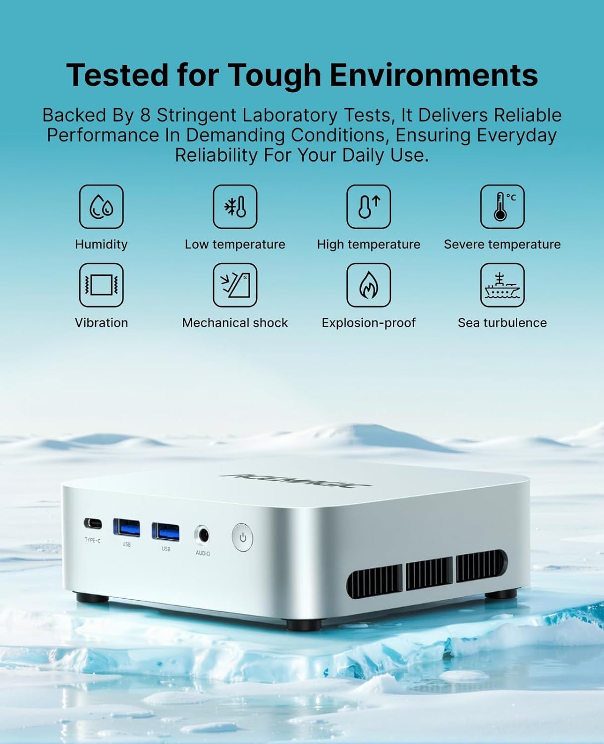 Communicates that the product has been rigorously tested across 8 different demanding environmental conditions (humidity, temperature extremes, vibration, shock, explosion-proof, sea turbulence) to…