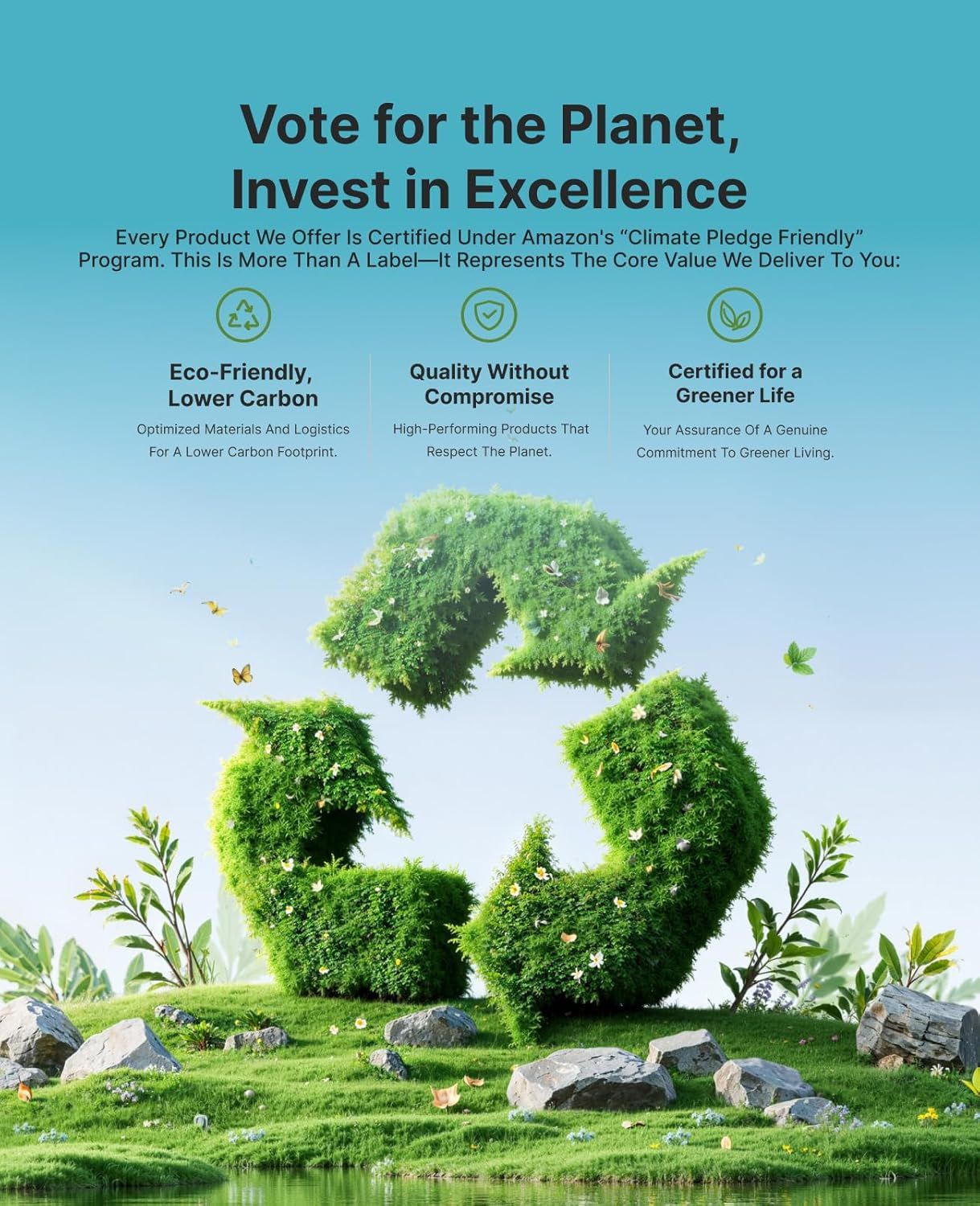 Communicates the brand's environmental commitment through Amazon's Climate Pledge Friendly certification, reassuring shoppers that the product is eco-responsible and supports greener living.