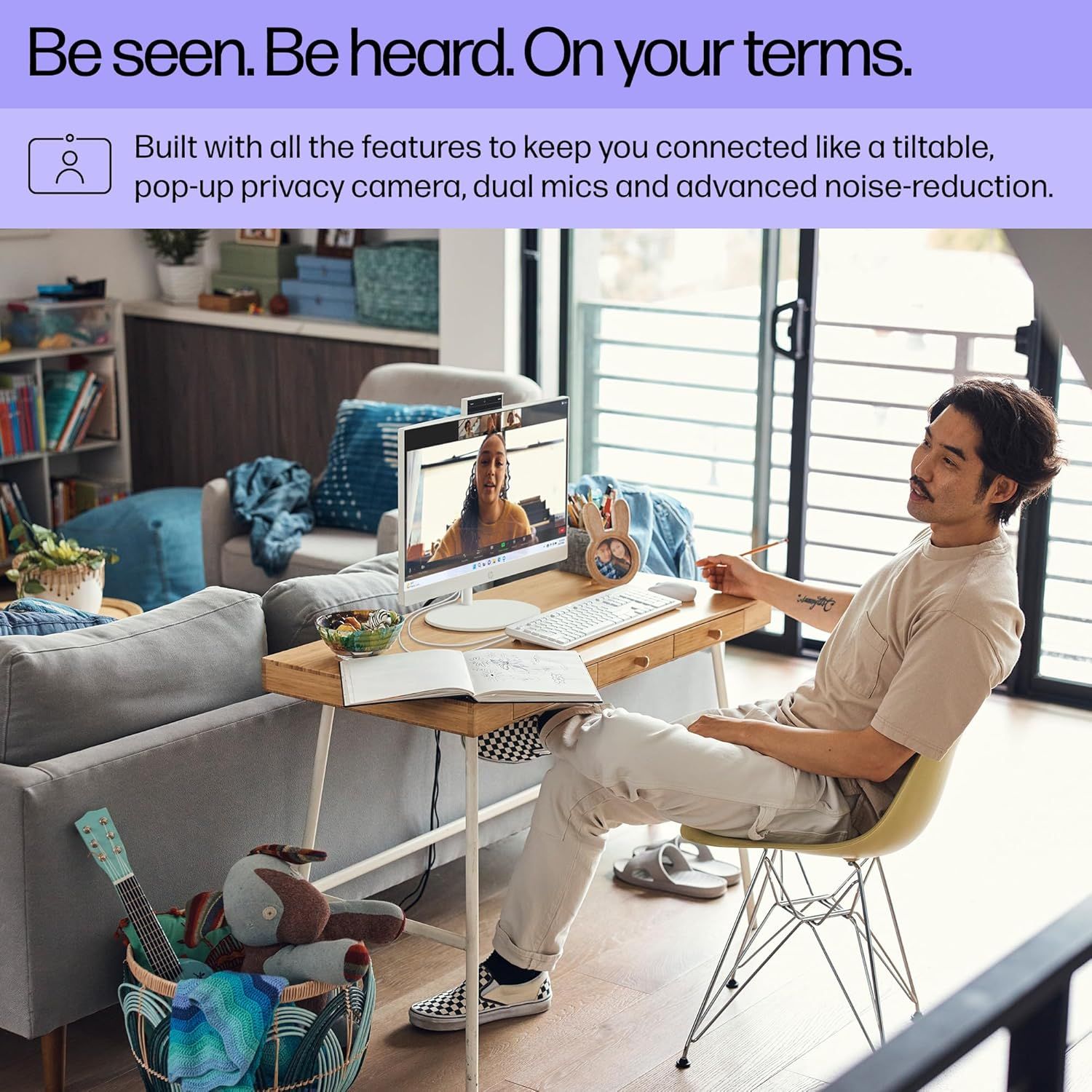 Communicates multiple connectivity features of the monitor/device to reassure shoppers that it's equipped with professional-grade video conferencing capabilities for remote work or collaboration.