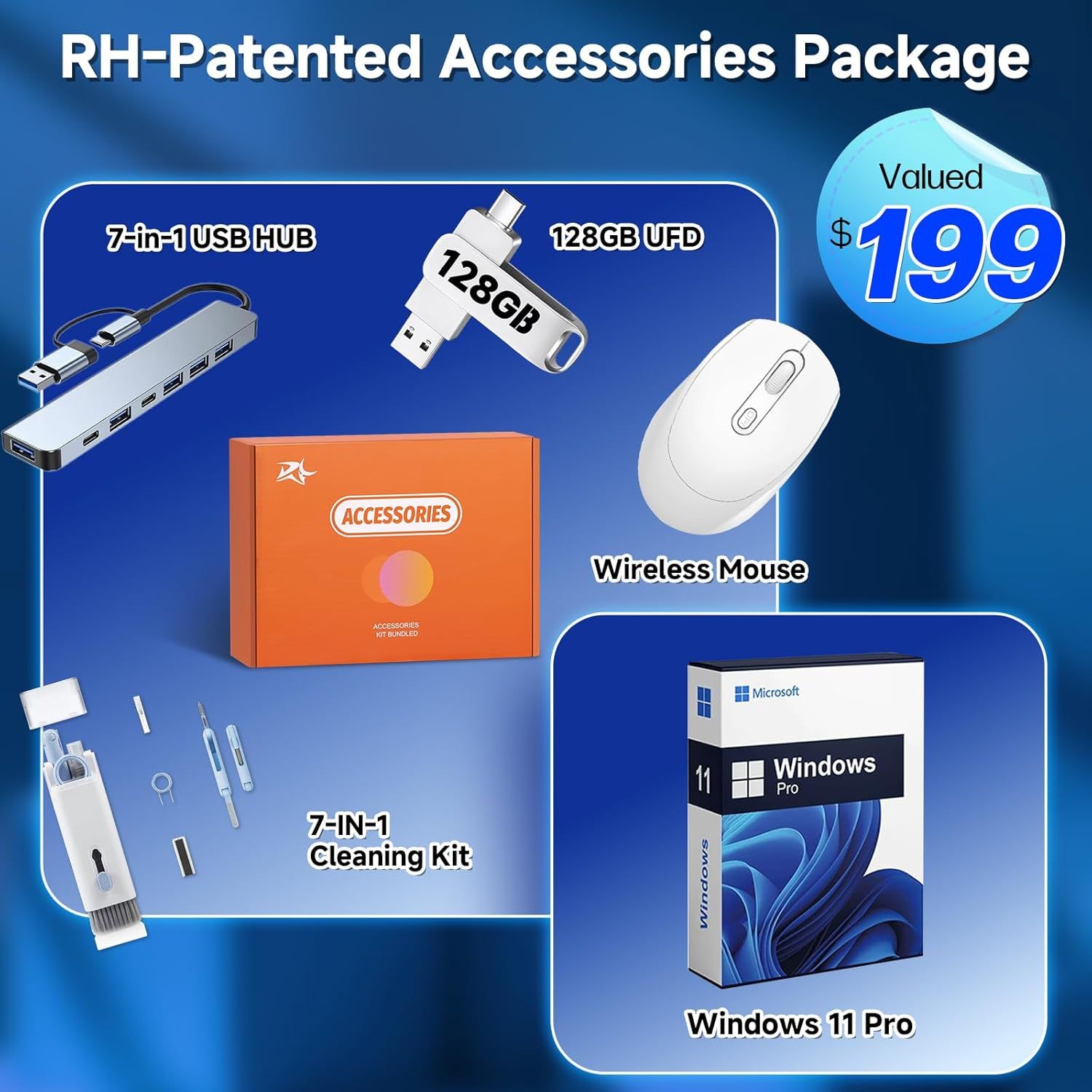 Shows all items included in the RH-Patented Accessories Package to communicate the complete bundle value and reassure shoppers they are receiving multiple useful accessories with their purchase.