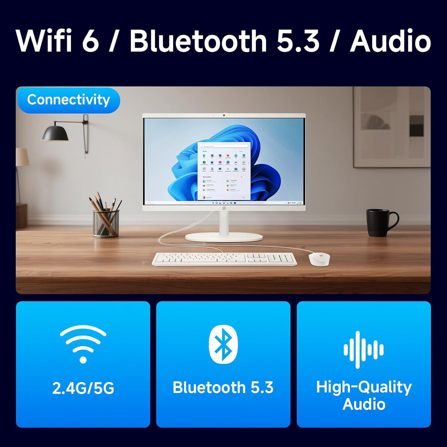 Highlights the computer's advanced connectivity options (WiFi 6, Bluetooth 5.3) and audio capabilities to reassure shoppers of modern, fast, and versatile wireless performance.