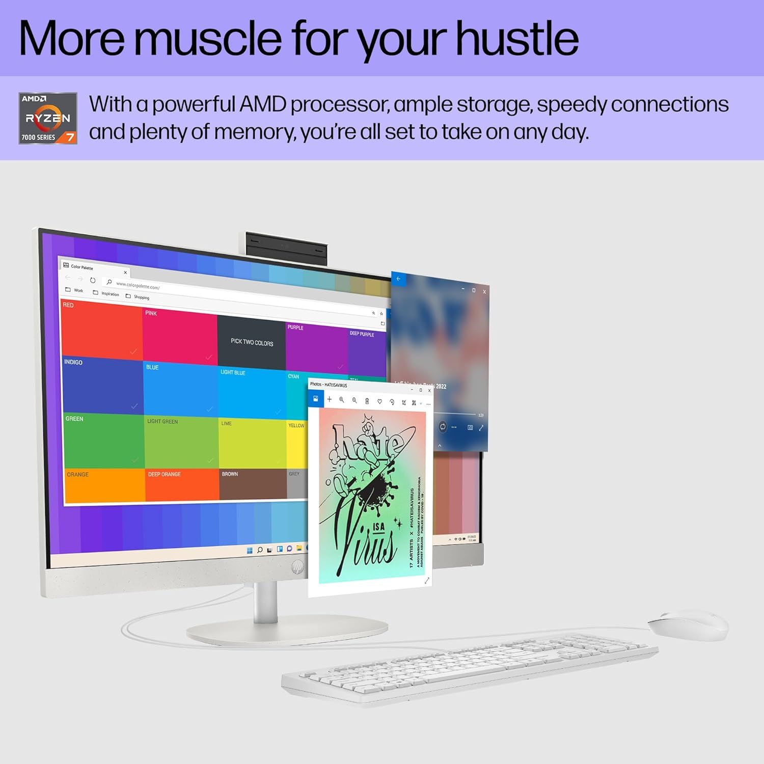 Communicates the computer's high-performance capabilities powered by AMD Ryzen 7000 series processor, emphasizing it can handle demanding creative and productivity tasks.