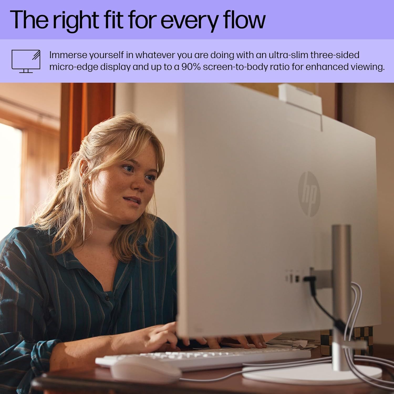Highlights the monitor's immersive display design with ultra-slim bezels and high screen-to-body ratio, emphasizing enhanced viewing experience for any activity.