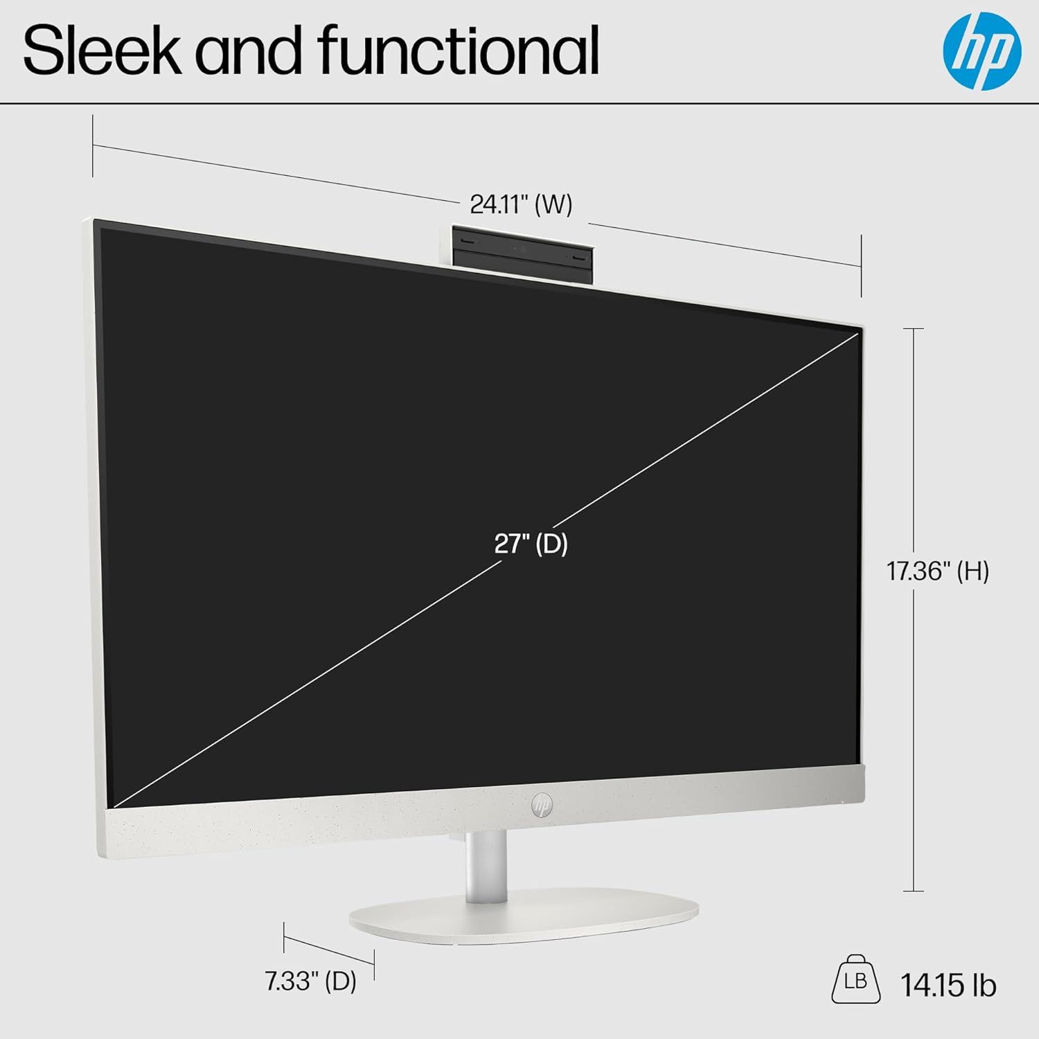 Communicates the exact physical dimensions and weight of the HP monitor to help shoppers understand its size and footprint before purchase.