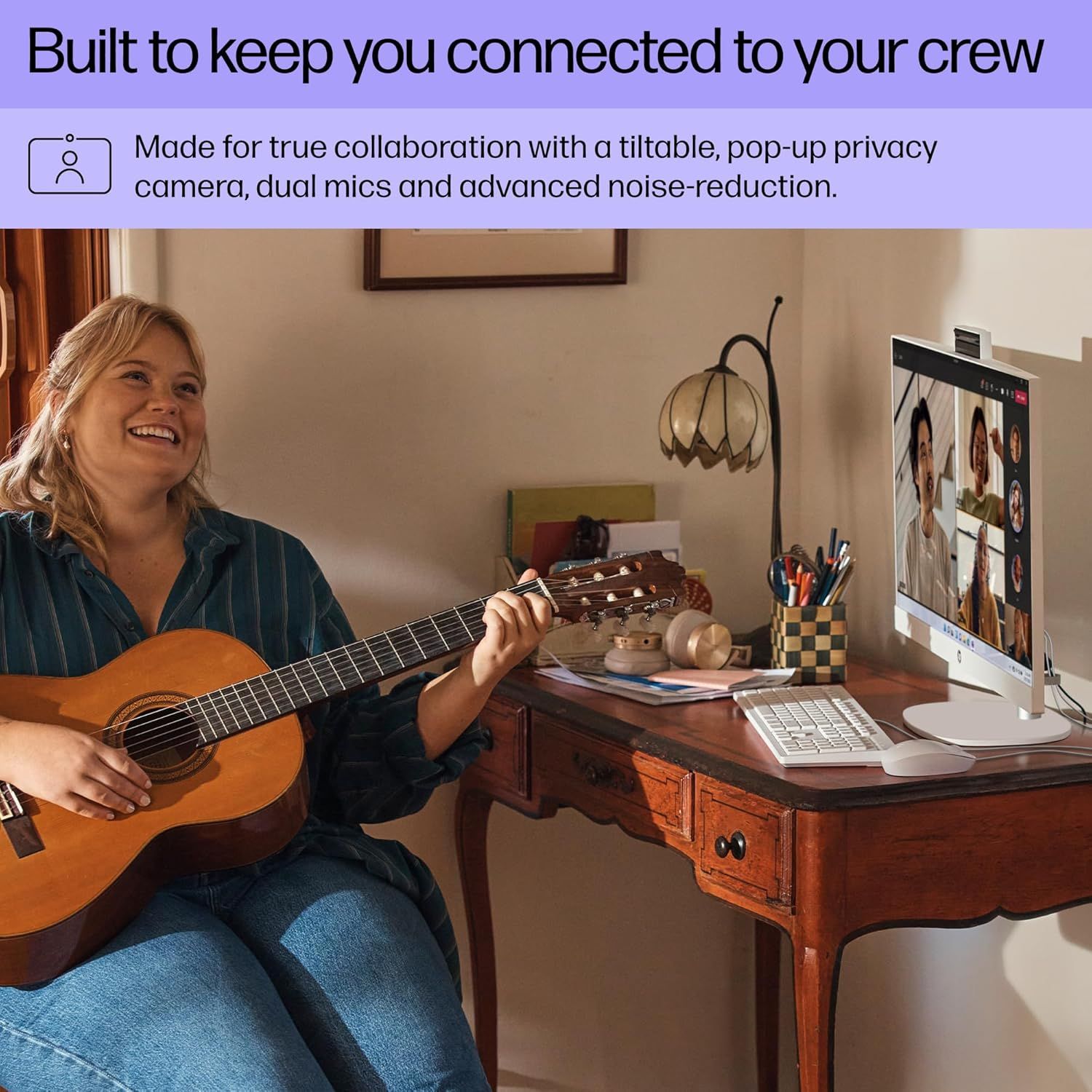 Demonstrates the product's collaboration capabilities including tiltable camera, pop-up privacy camera, dual mics, and noise-reduction to reassure shoppers it's built for effective remote teamwork…