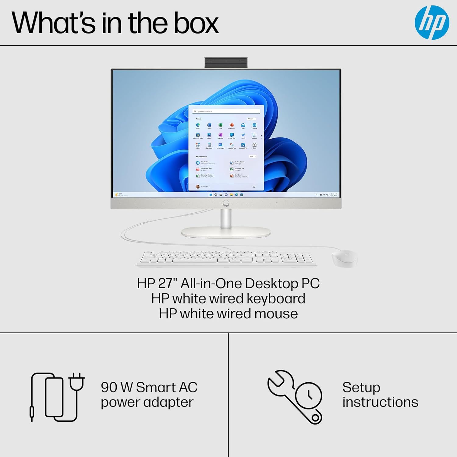 Shows the customer everything included in the purchase: the all-in-one desktop PC, keyboard, mouse, power adapter, and setup instructions to set clear expectations and demonstrate value.