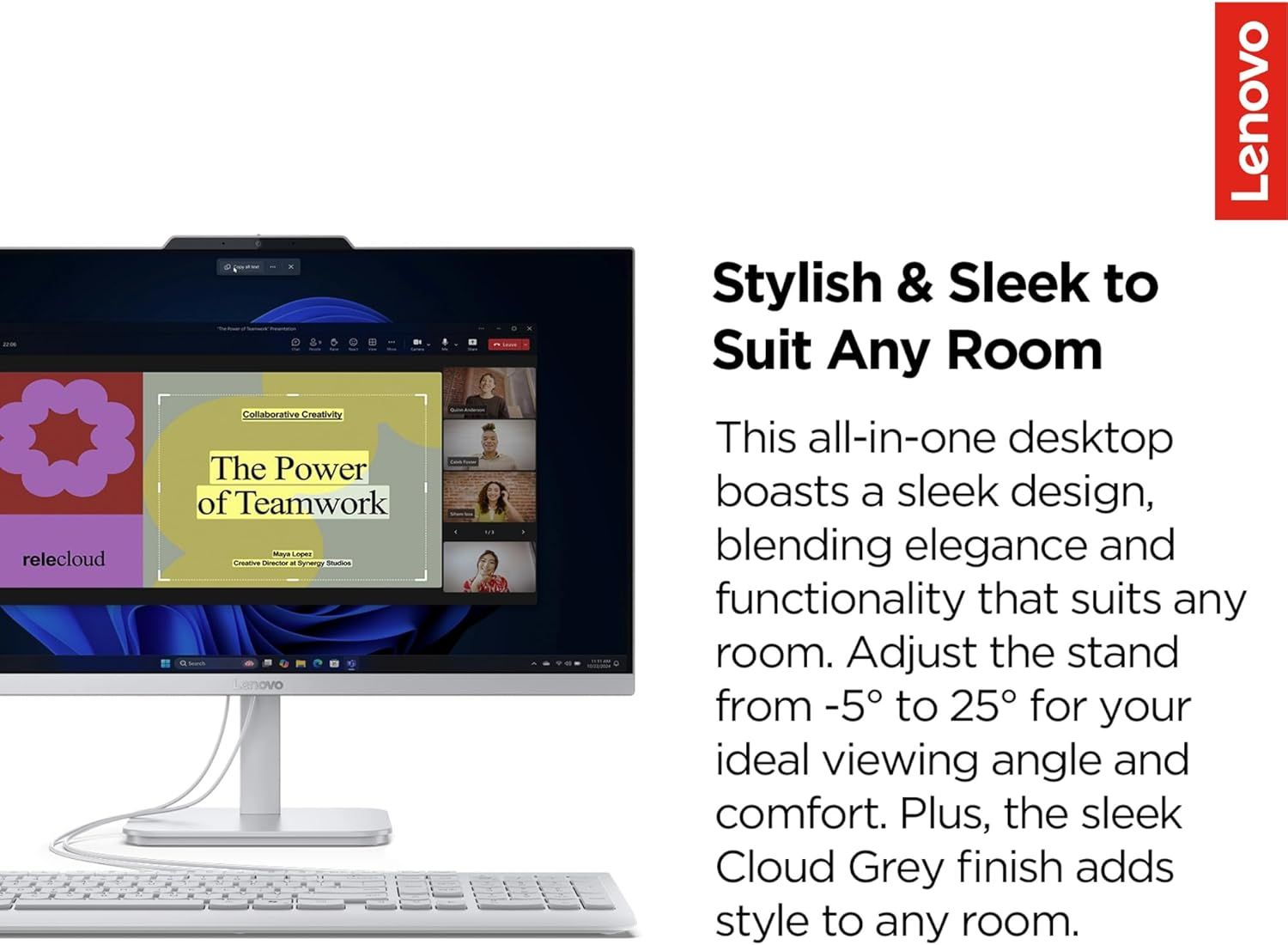 Communicates the product's elegant design and versatility, emphasizing how its sleek appearance and adjustable stand make it suitable for any room environment.