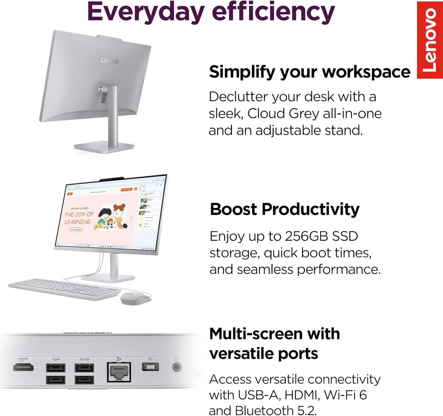 Communicates three distinct benefits of the Lenovo all-in-one computer: space-saving design with adjustable stand, high-performance storage and speed, and versatile multi-screen connectivity options.