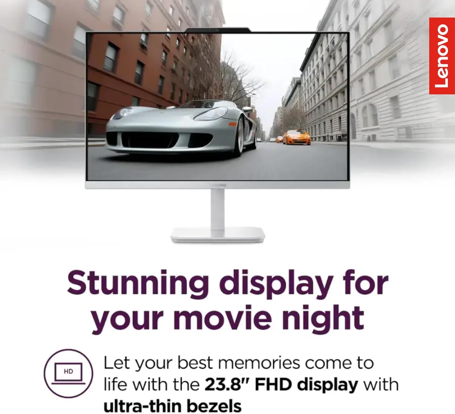Highlights the monitor's stunning display quality and ultra-thin bezel design to appeal to shoppers looking for an immersive viewing experience for entertainment.