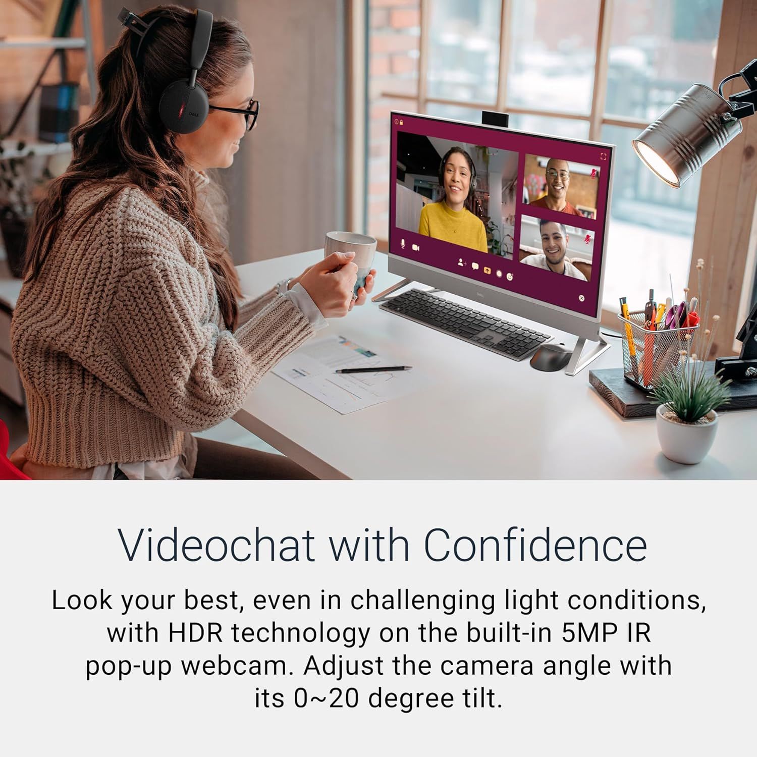 Communicates that the built-in webcam delivers high-quality video performance with HDR technology and adjustable tilt, reassuring shoppers they'll look professional on video calls even in…