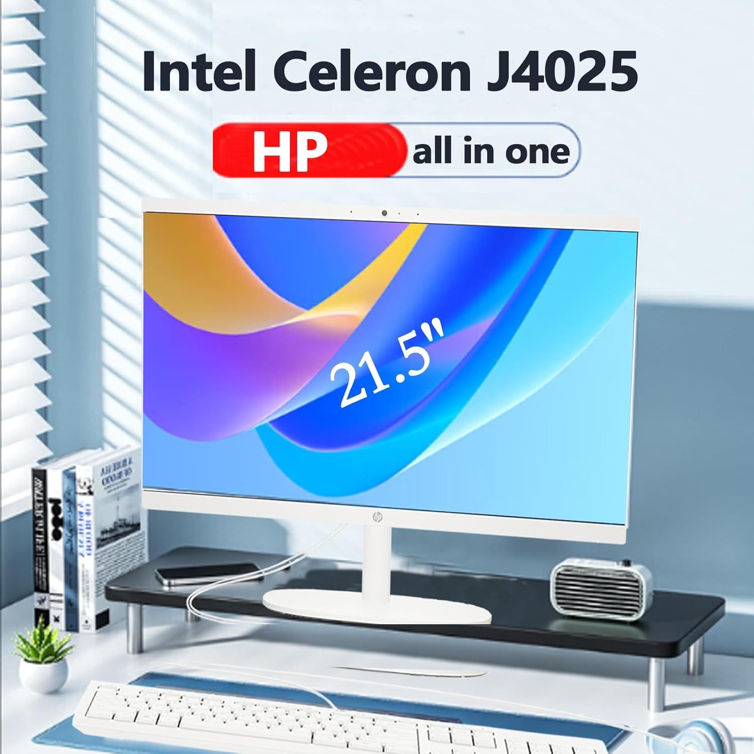 Communicates multiple key specifications and benefits of the HP all-in-one computer, including the processor type, form factor, and screen size to help shoppers understand the product's core features.