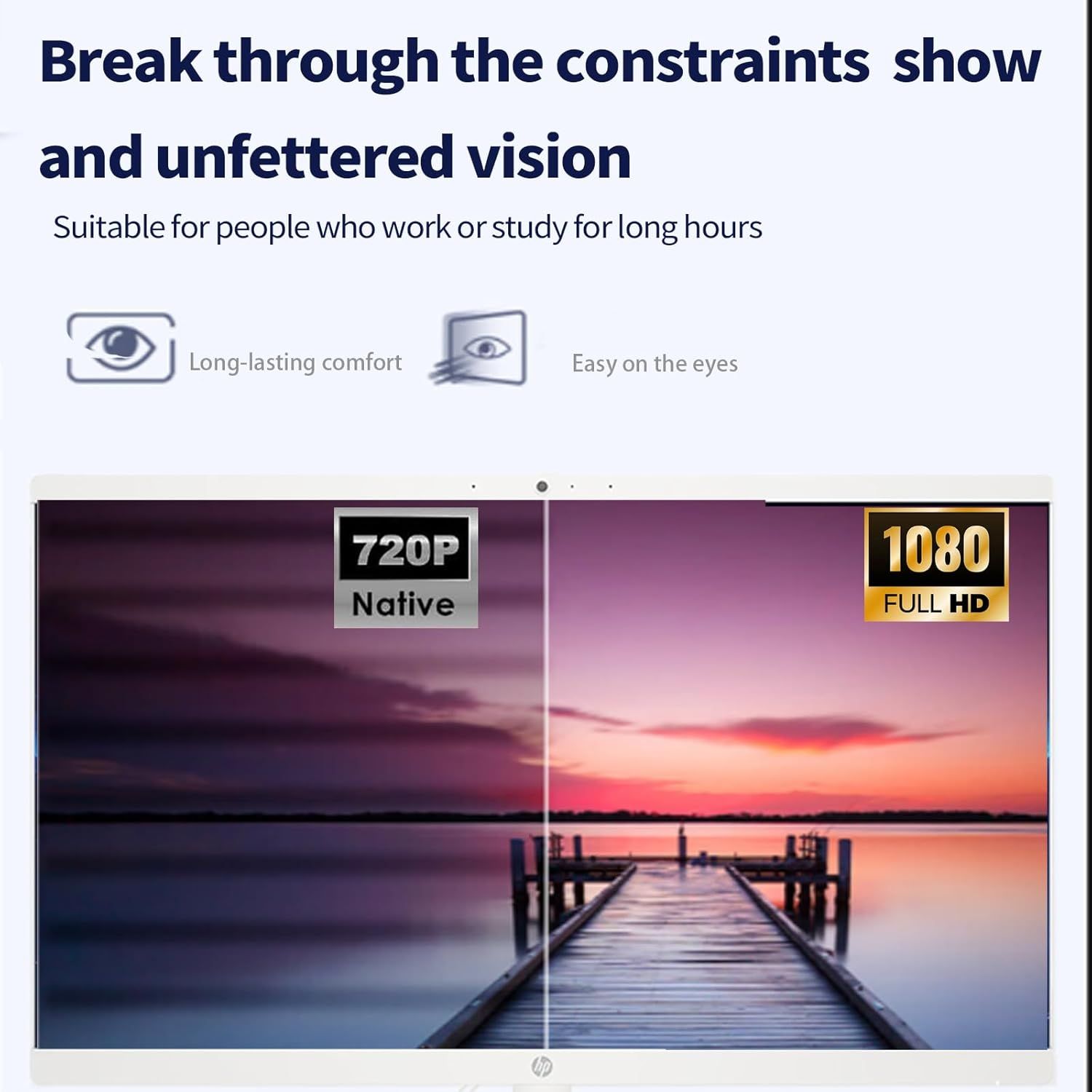 Communicates multiple benefits of the display including eye comfort for extended use, visual clarity, and superior HD resolution quality through a segmented layout with distinct visual zones.