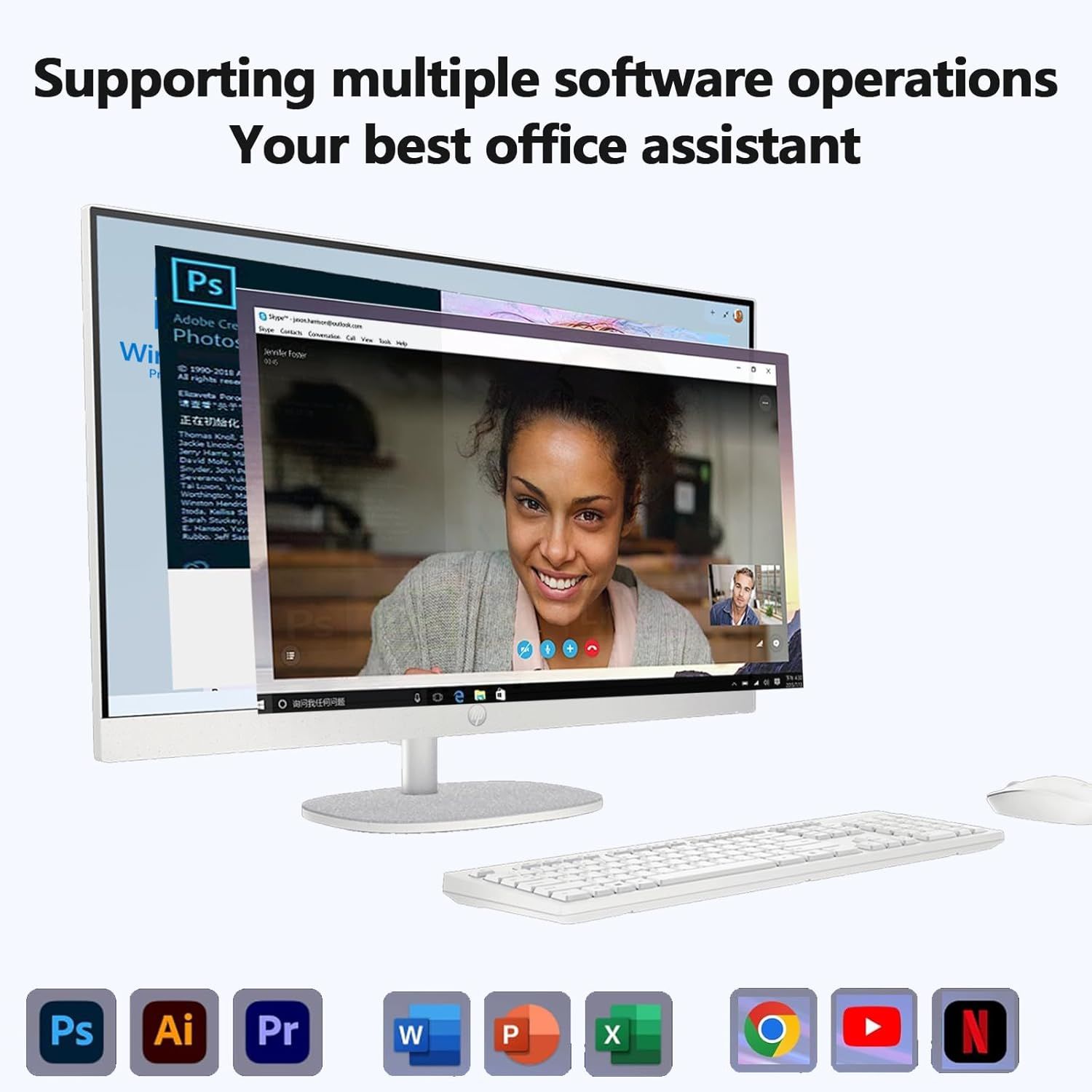 Demonstrates the product's ability to support multiple software applications simultaneously, positioning it as a versatile office assistant for productivity and multitasking.