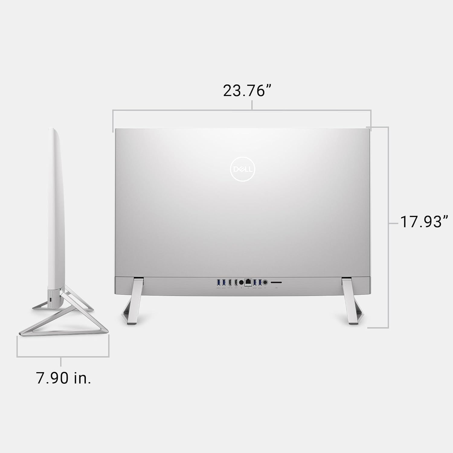 Communicates the exact physical dimensions of the Dell all-in-one computer to help shoppers understand its size and determine if it fits their space requirements.