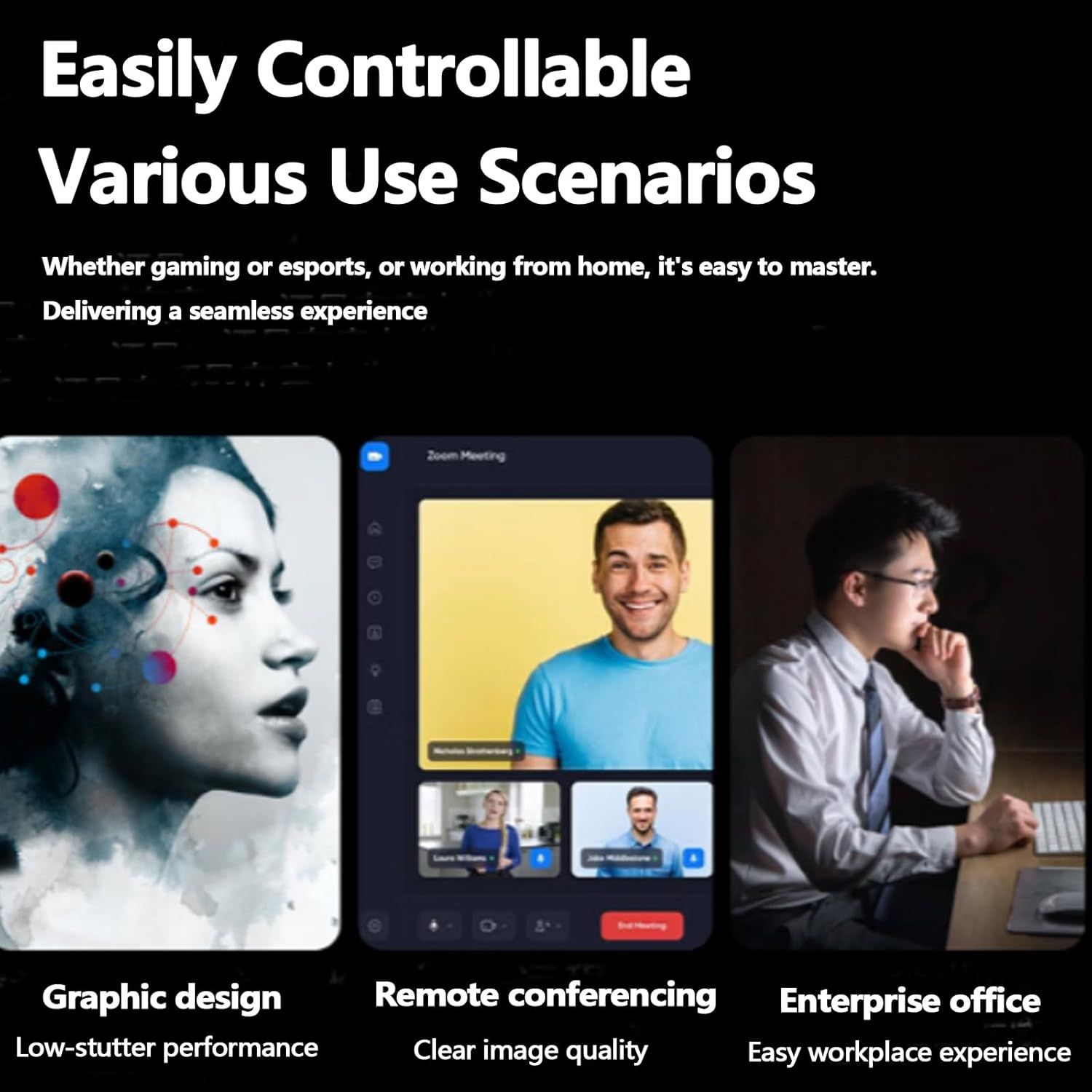 Demonstrates the product's versatility across three distinct professional use cases—creative work, video meetings, and office environments—to show shoppers it adapts to various workflows and needs.