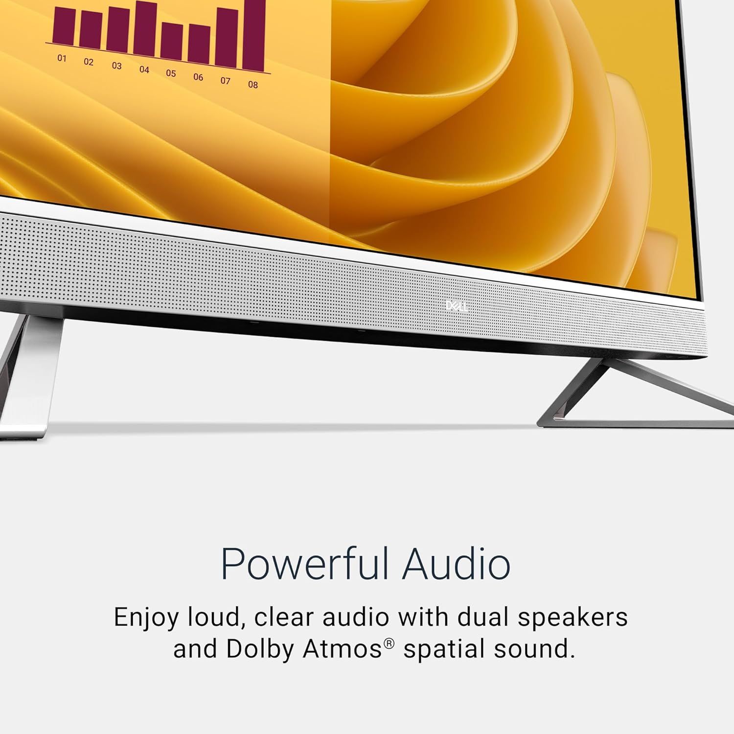 Highlights the product's superior audio capabilities with dual speakers and Dolby Atmos technology to reassure shoppers of an immersive, high-quality sound experience.