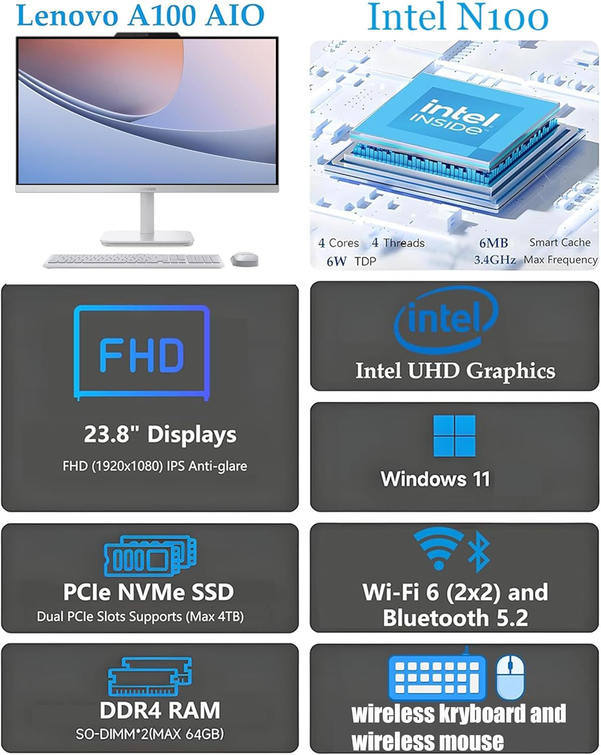 This image showcases multiple technical specifications and features of the Lenovo A100 AIO computer in a segmented grid layout, helping shoppers quickly understand the key hardware and connectivity…