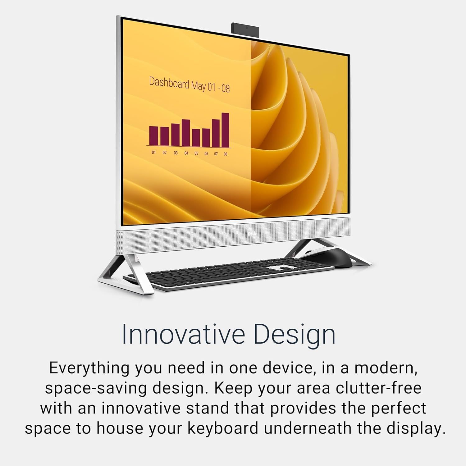Highlights the product's modern, space-saving all-in-one design with an innovative stand that stores the keyboard underneath, reassuring shoppers that it keeps their workspace clutter-free.