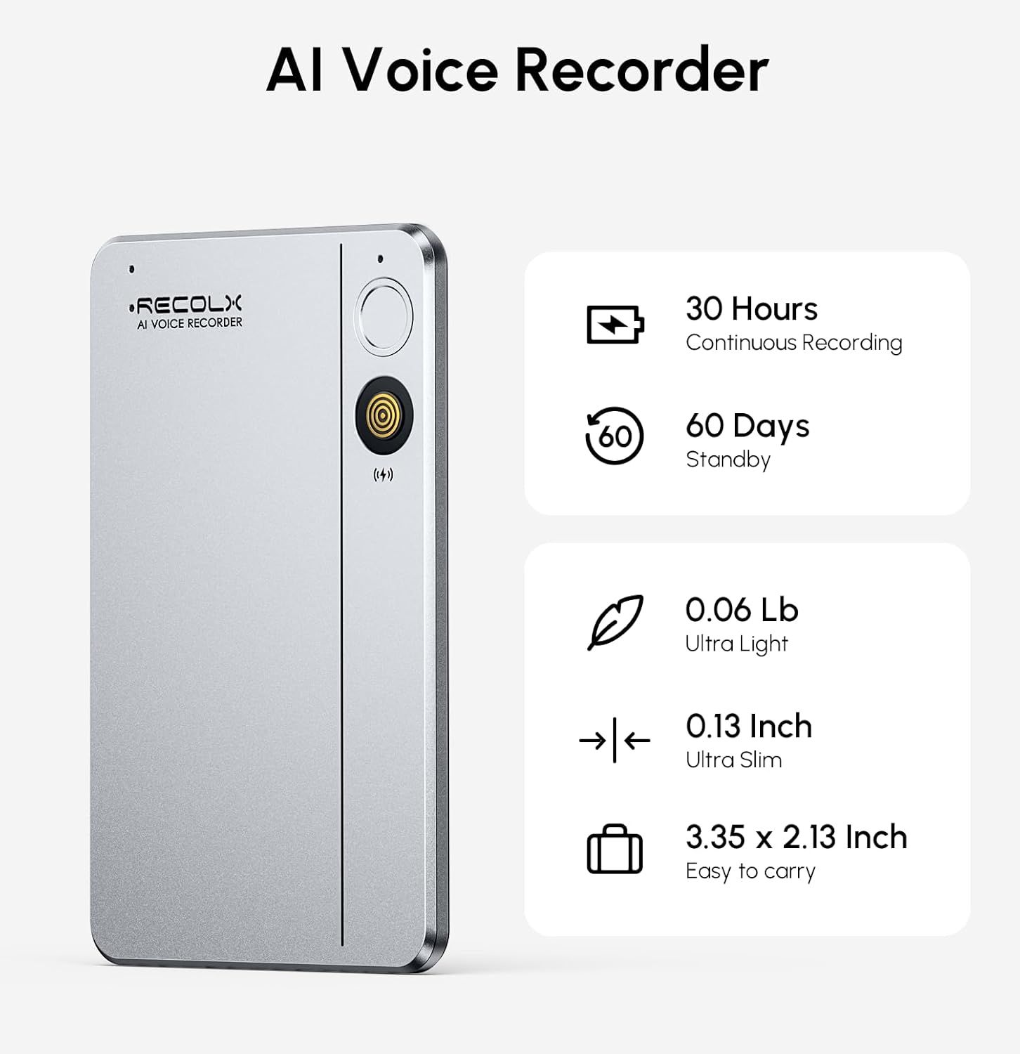 Communicates multiple key benefits of the AI voice recorder including long battery life, extended standby time, lightweight portability, and compact dimensions to show shoppers why this product is…